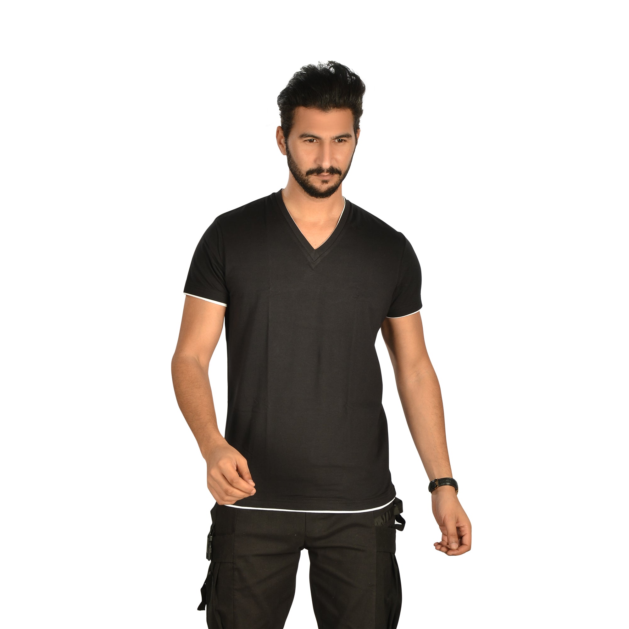 Cotton Lycra Solid V-Neck Short Sleeve T-Shirt – Black
