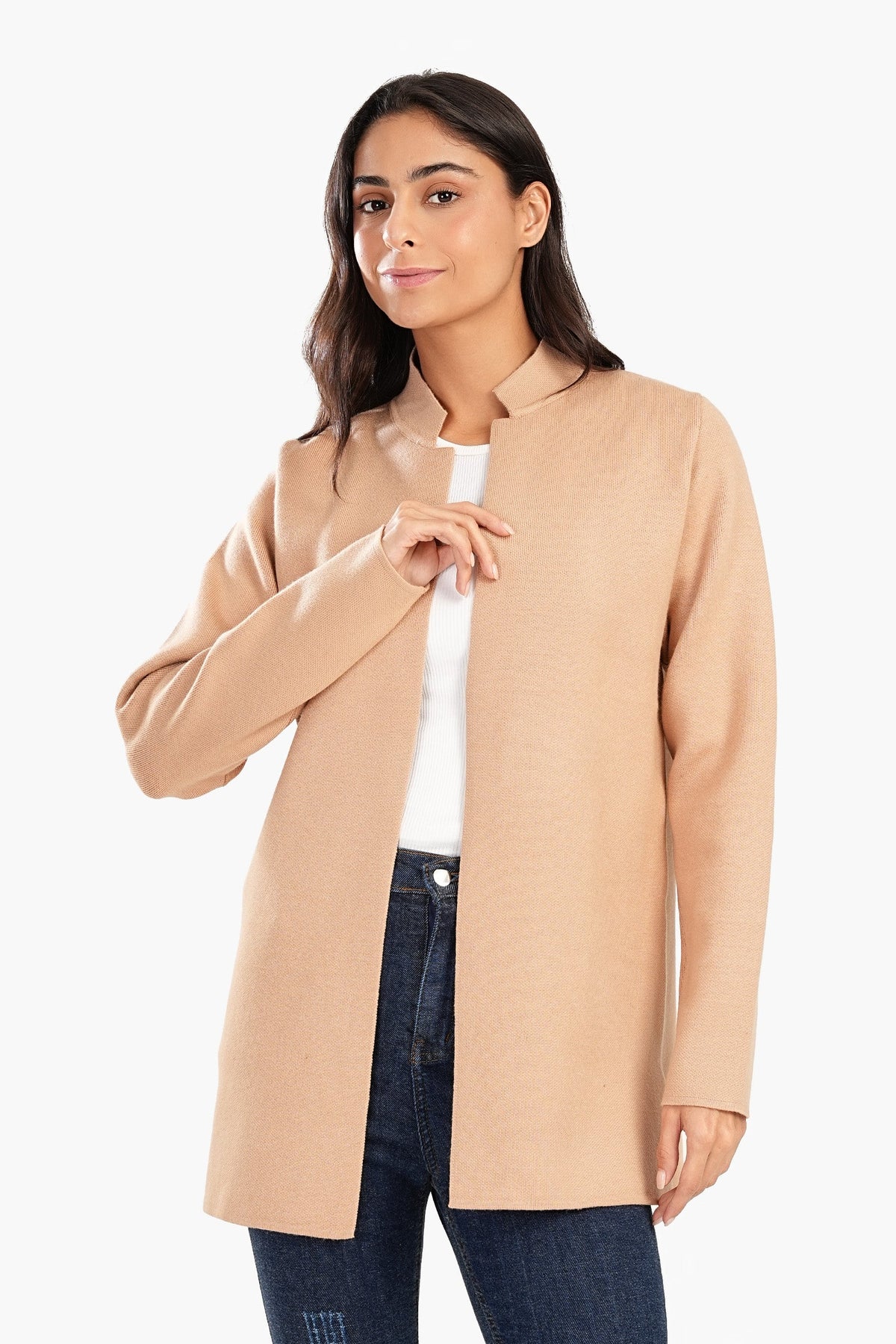 Reverse Collar Open Front Jacket - Beige