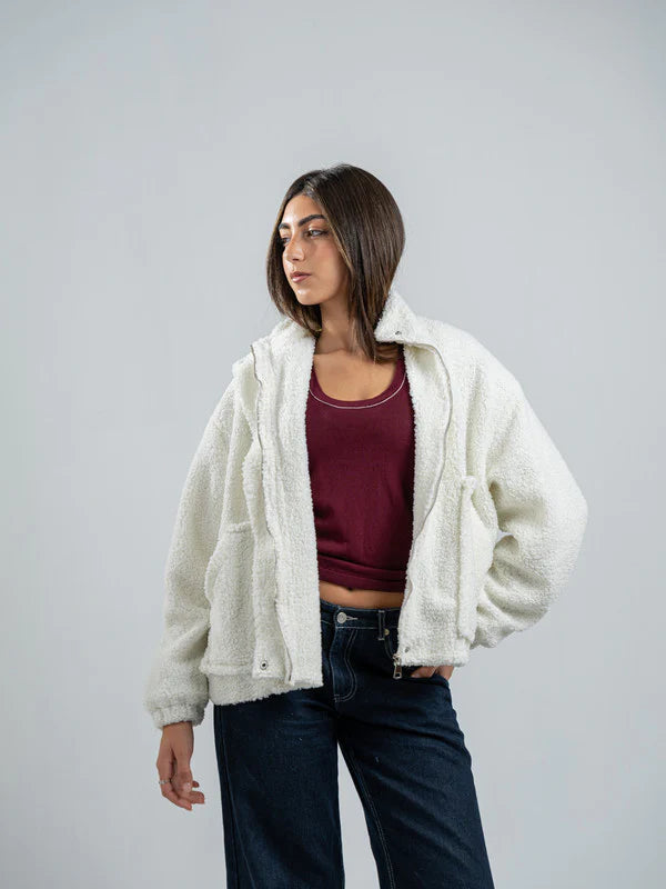 Teddy Fur Solid Zipped Jacket – White