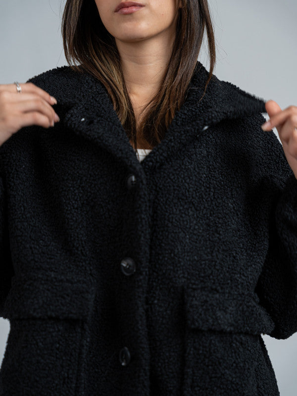 Teddy Fur Button Jacket – Black