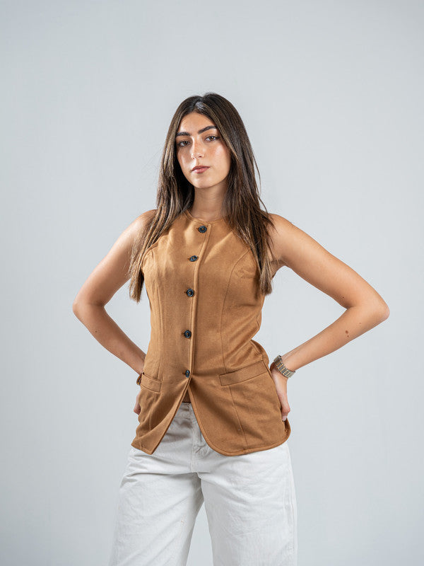 Suede Solid Button Vest – Camel