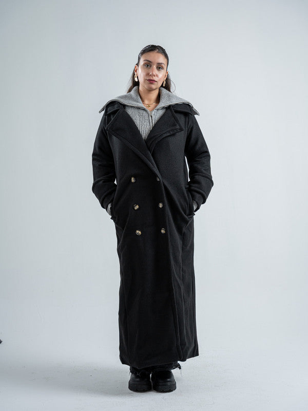 Wool Blend Felt Solid Long Coat – Black