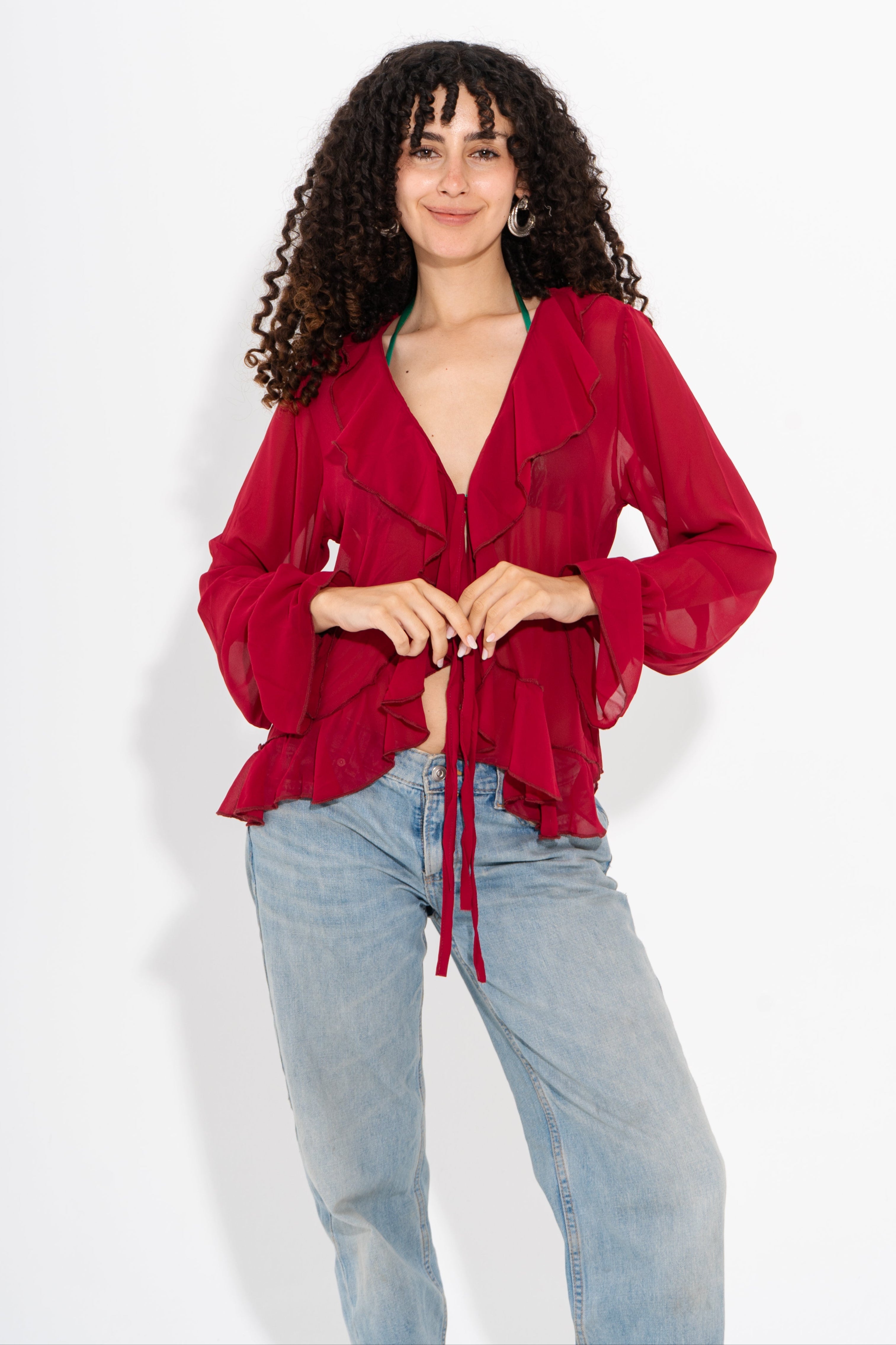 Chiffon Ruffle Tie-Front Top - Burgundy