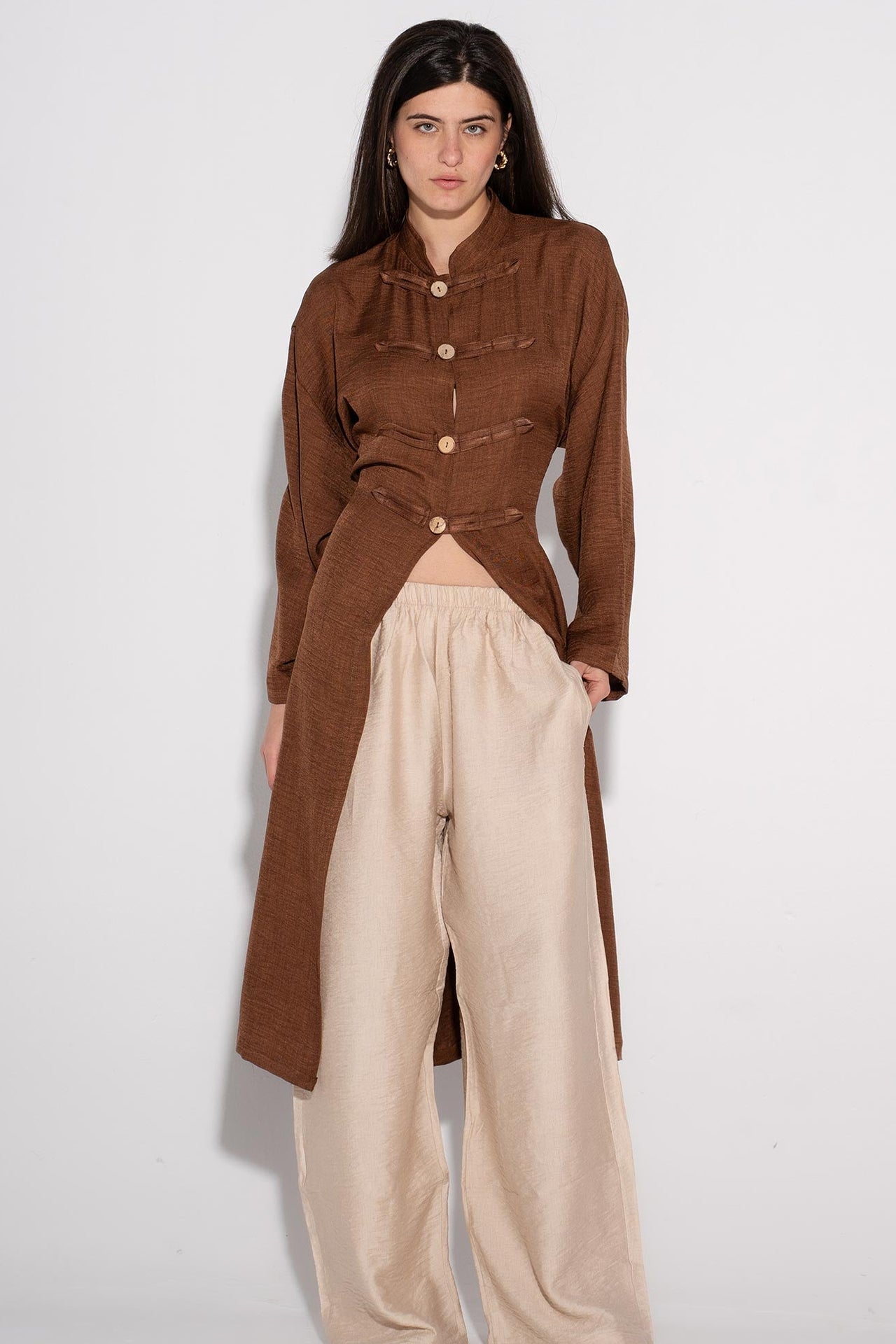 Mandarin Button Longline Tunic - Brown