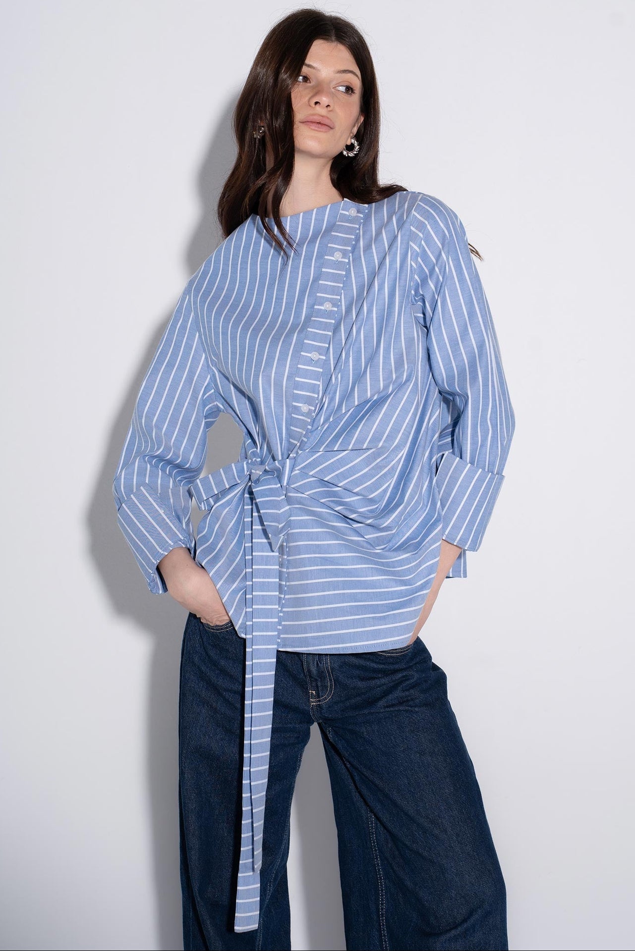 Striped Draped Wrap Shirt - Blue