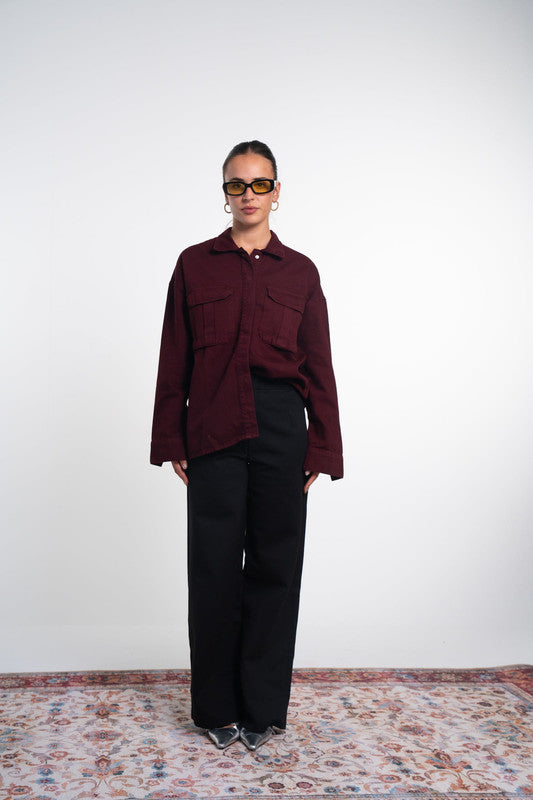 Oversized Denim Shirt Jacket – Burgundy