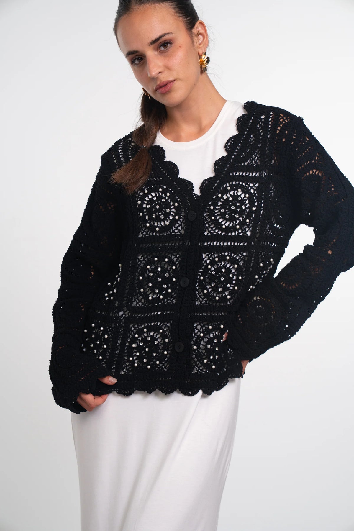 Scalloped Crochet Cardigan - Black