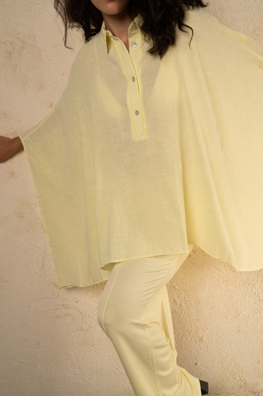 Flowy Half-Button Batwing Poncho – Light Yellow