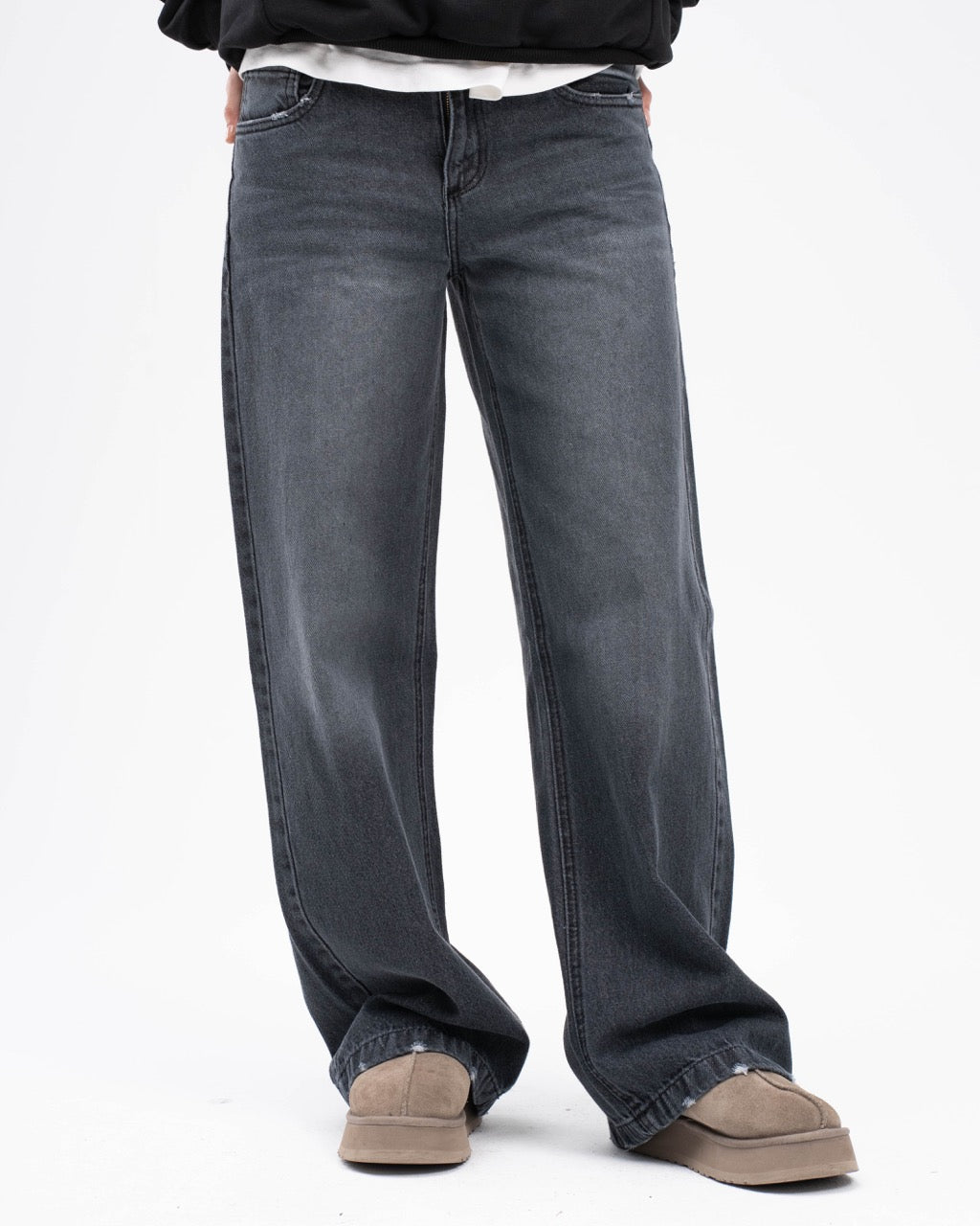 Cotton Denim Wide-Leg Jeans - Washed Black