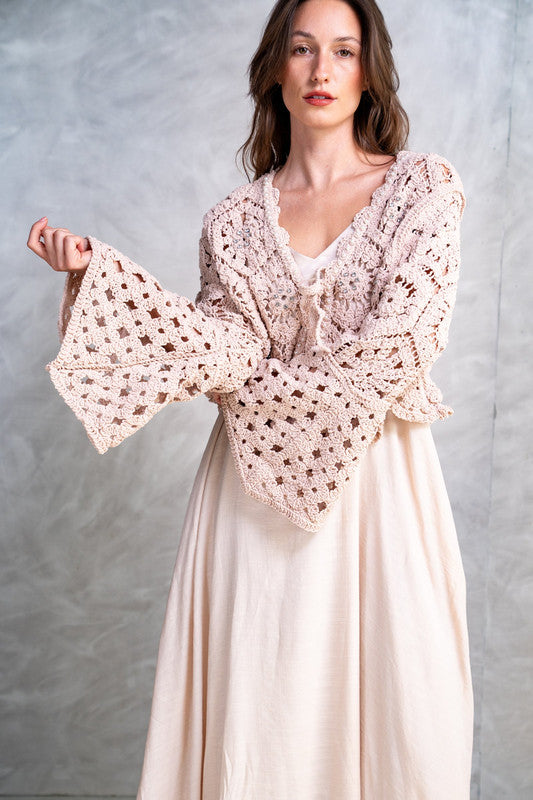 Crochet Tie-Front Knit Cardigan – Medium Beige