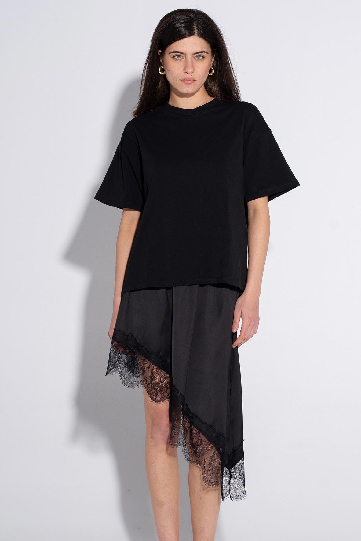 Asymmetric Lace Trim Overlay Skirt - Black