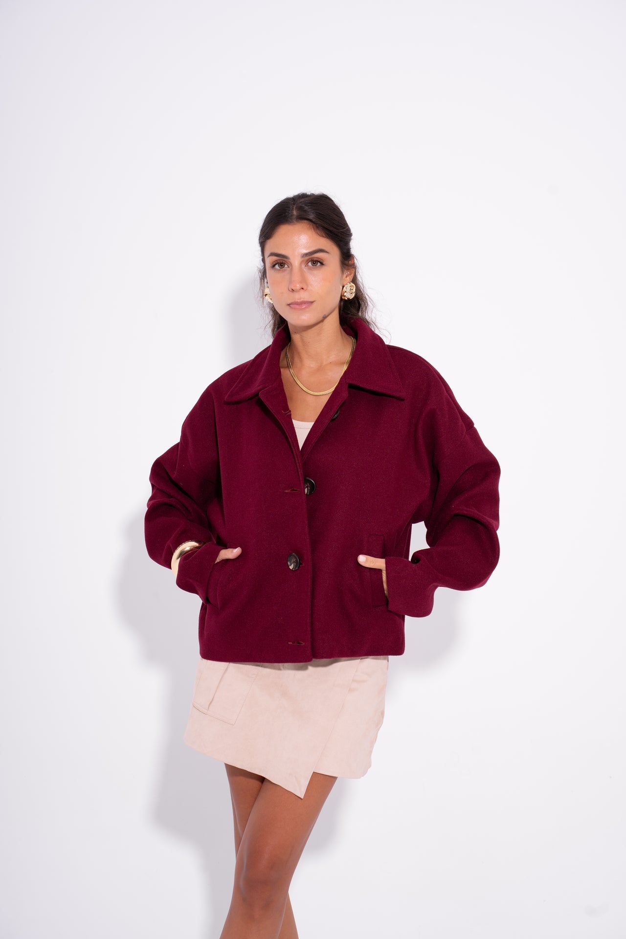 Wool Buttoned Short Coat – Burgundy