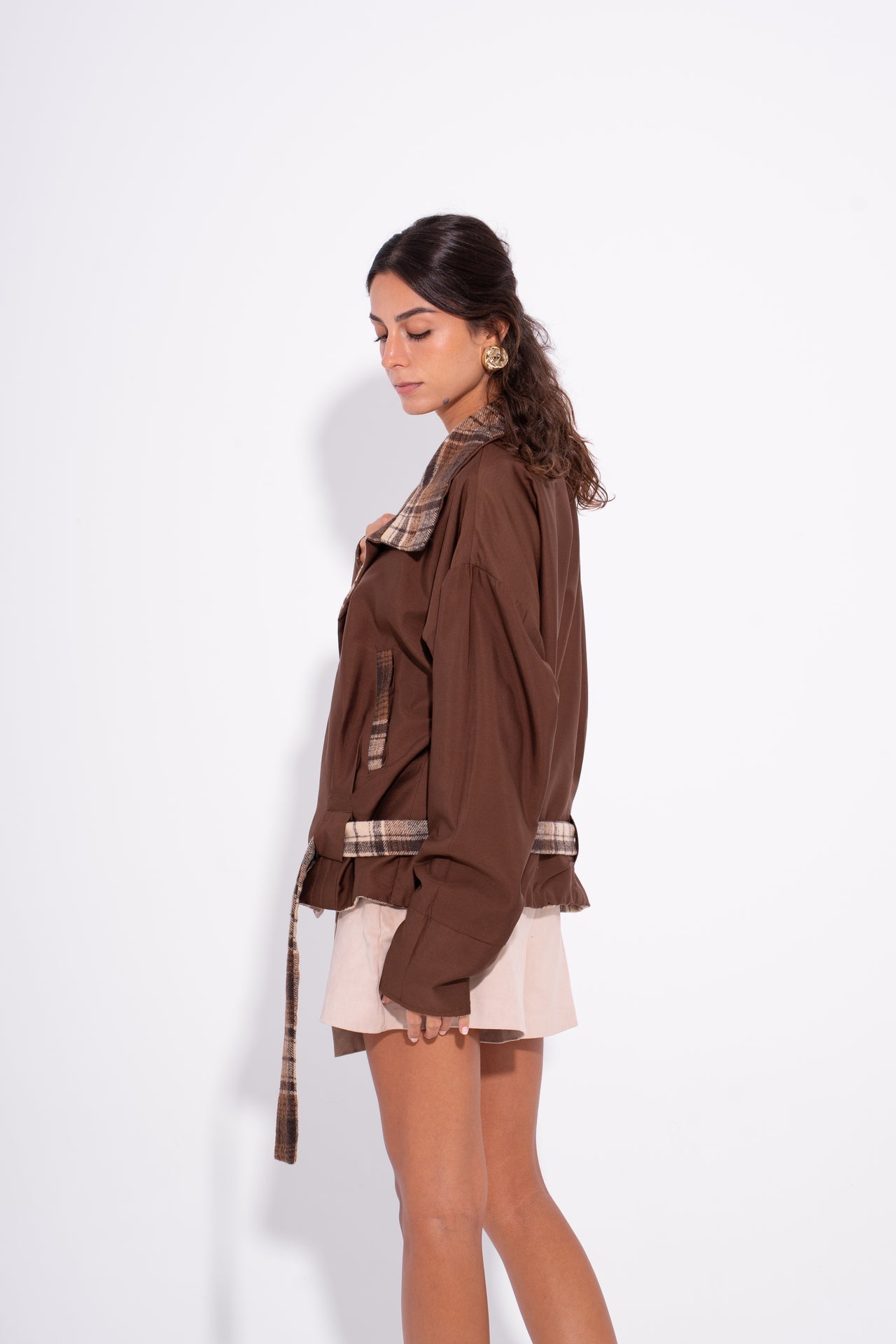 Wool Gabardine Reversible Plaid Jacket – Brown