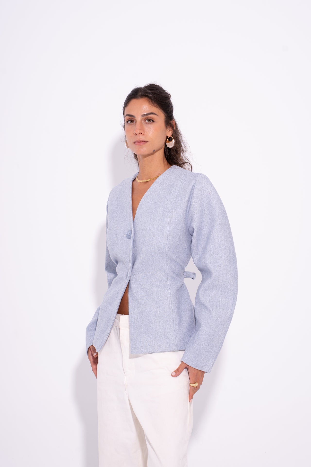 Wool Buttoned Tailored Blazer – Baby Blue