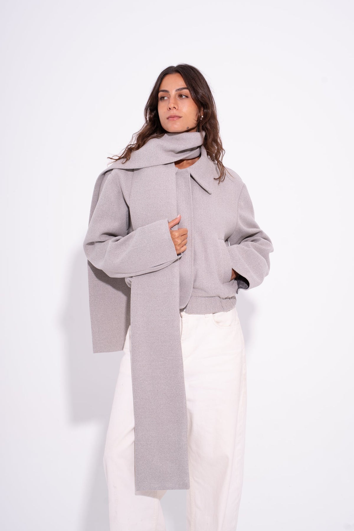 Bomber Wool Jacket with Scarf - Grey