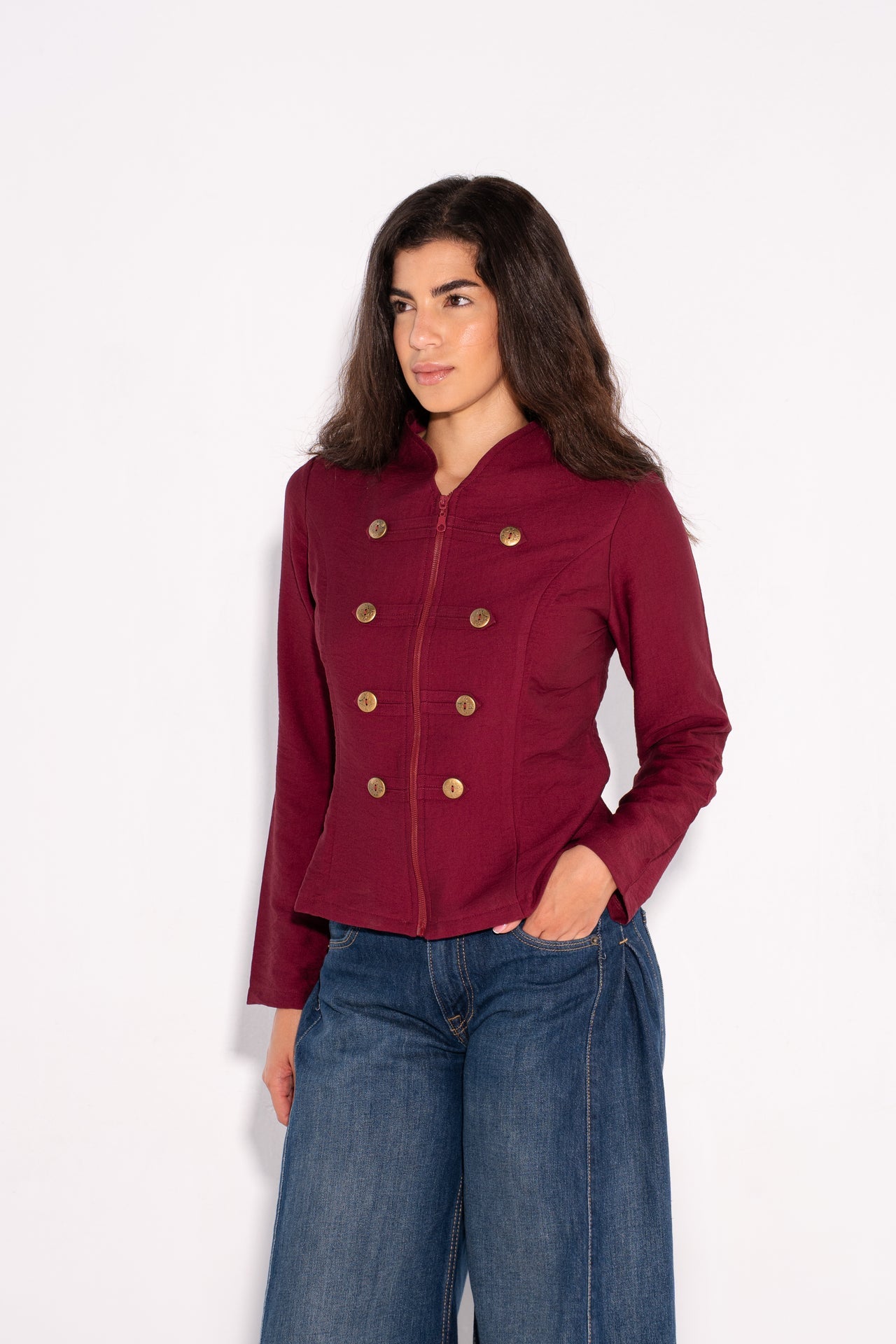 Double Breasted Button Linen Jacket – Burgundy