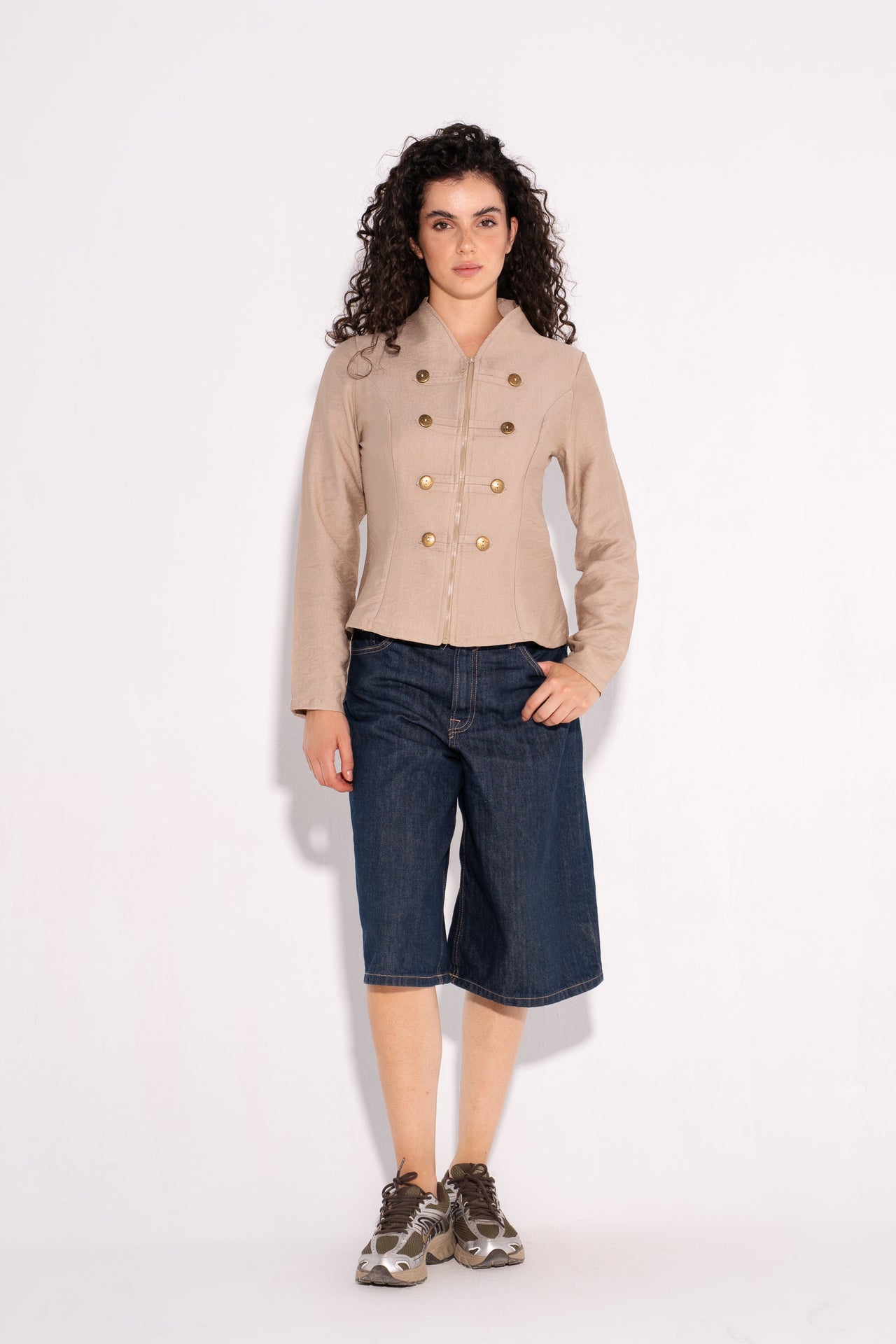 Double Breasted Button Linen Jacket – Beige