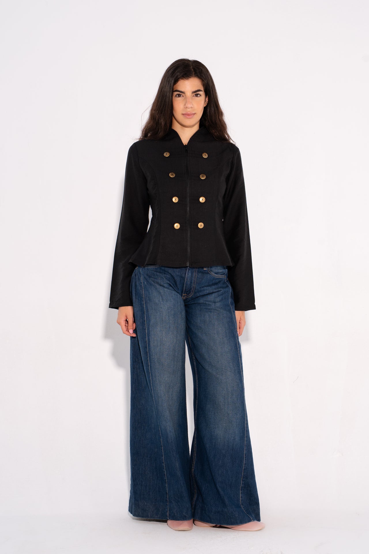 Double Breasted Button Linen Jacket – Black