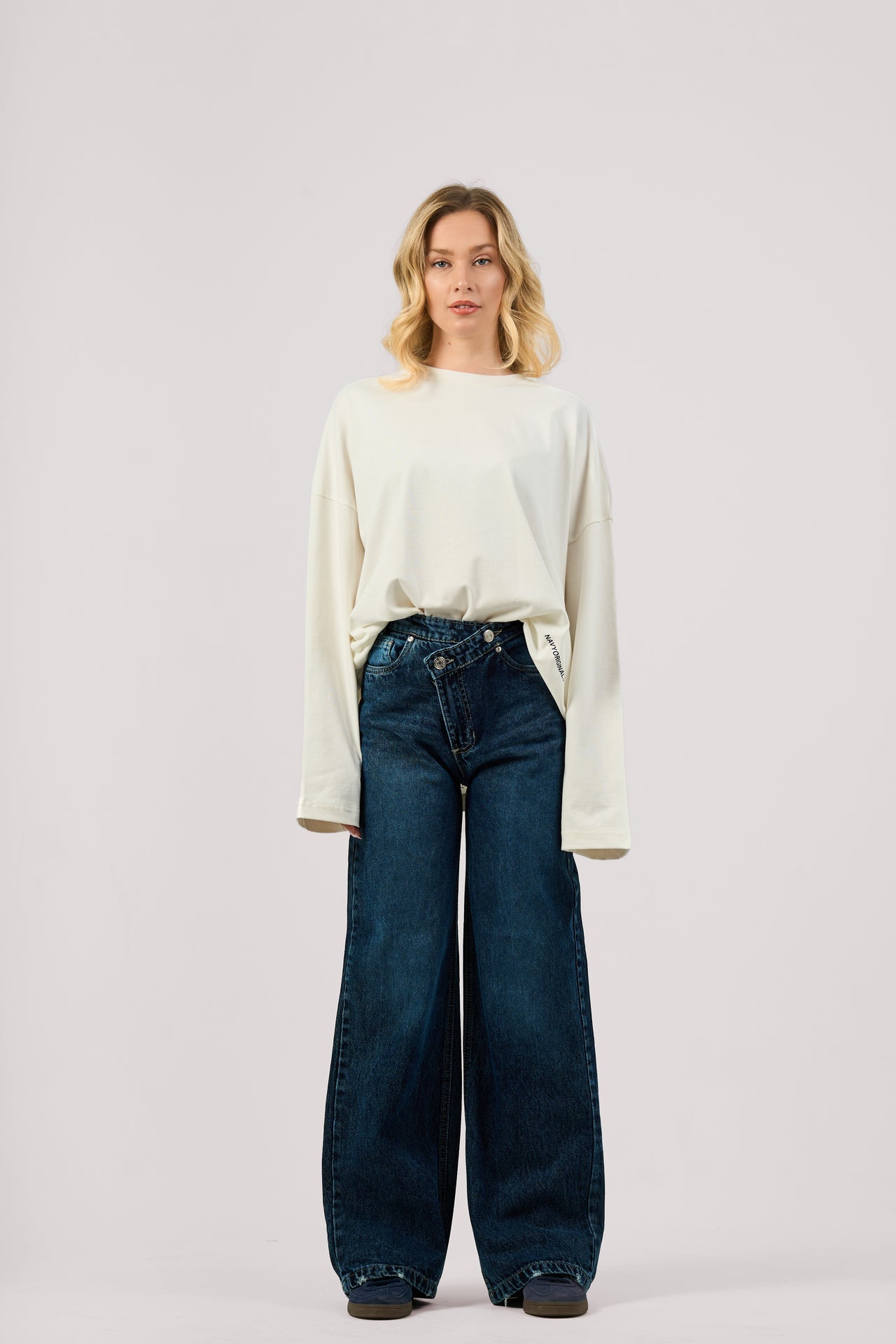 DARK BLUE CRISSCROSS WIDE LEG JEANS
