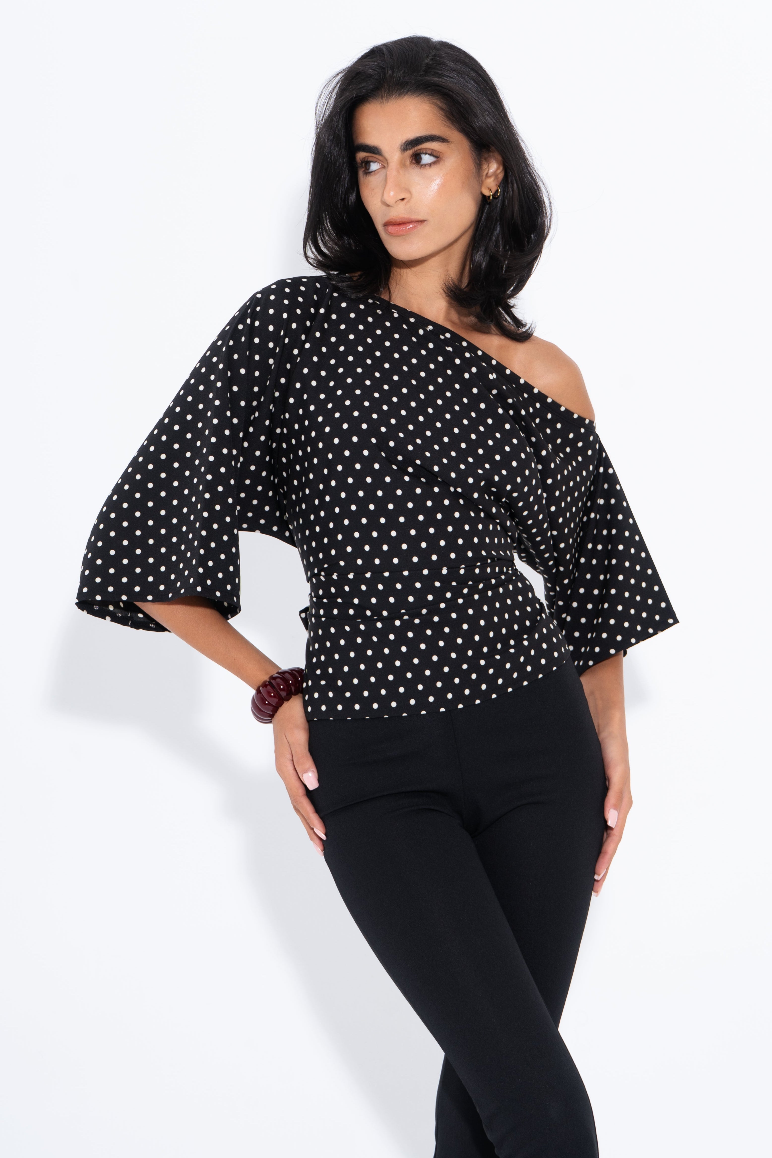 Crepe Polka Dot One-Shoulder Blouse – Black