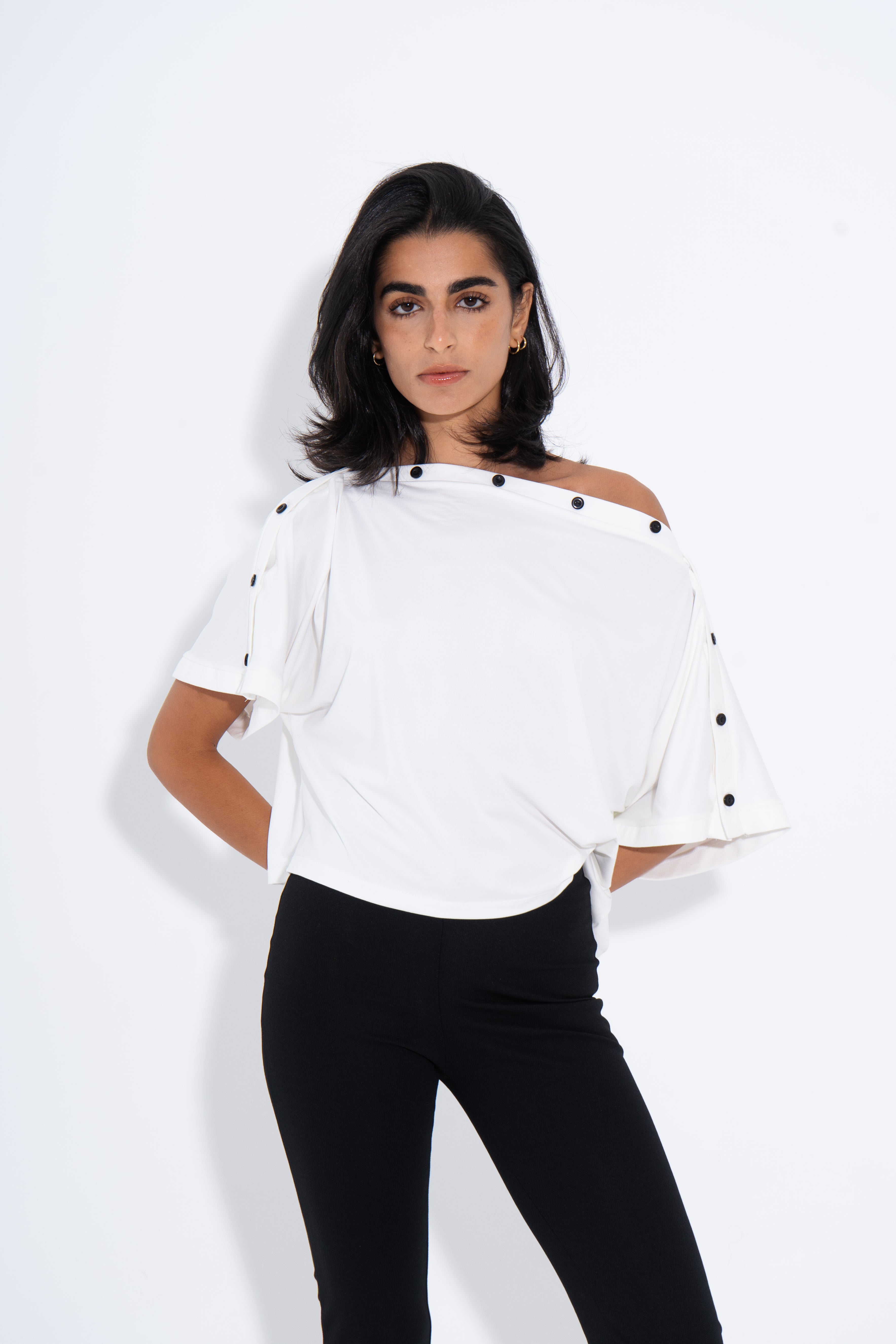 Cotton Lycra Solid Buttoned Shoulder Top – White