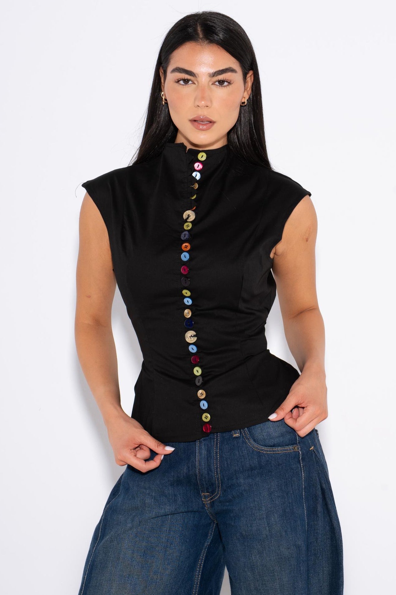 Colorful Sleeveless Buttons Shirt - Black