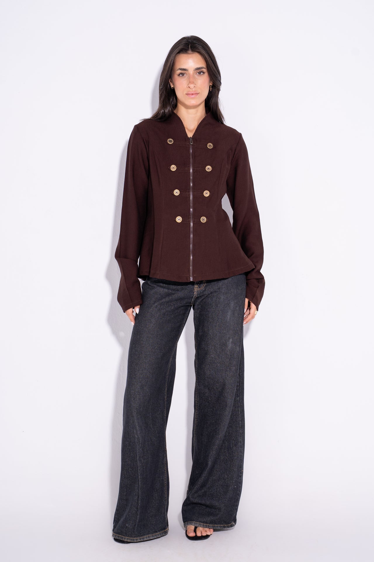 Double Breasted Long Sleeves Vest - Brown