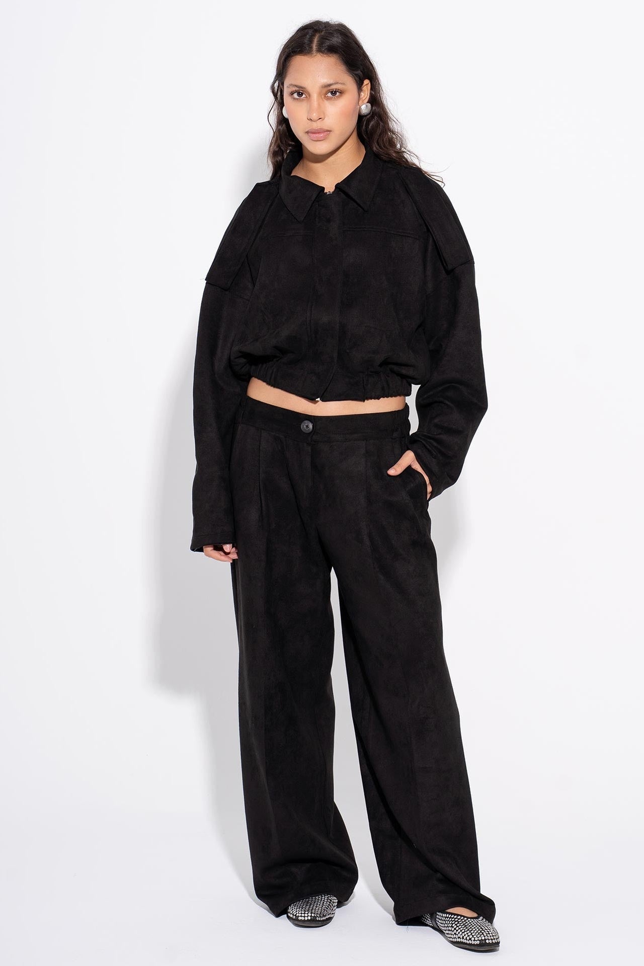 Suede Plain Two-Piece Set – Black