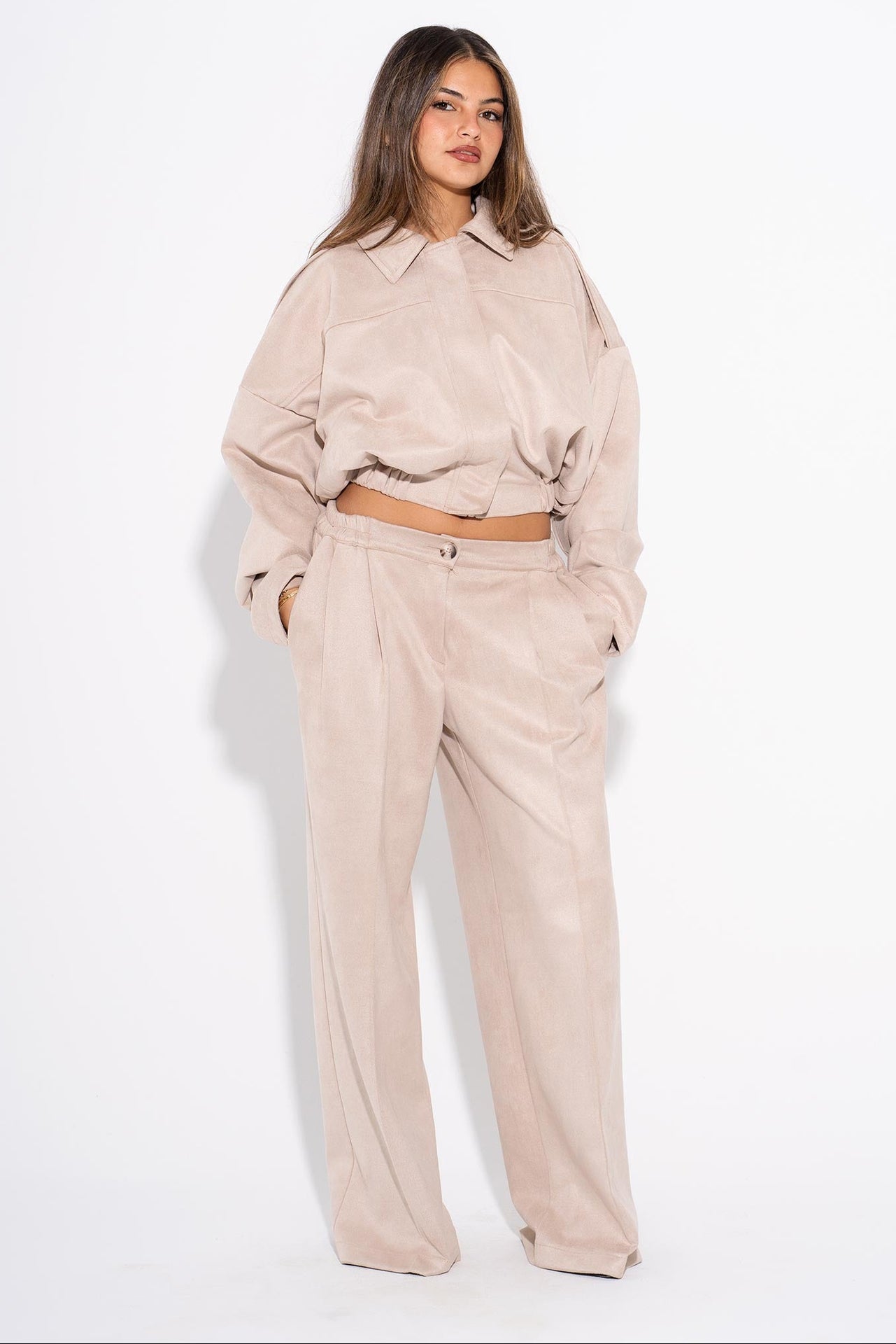 Suede Plain Two-Piece Set – Beige