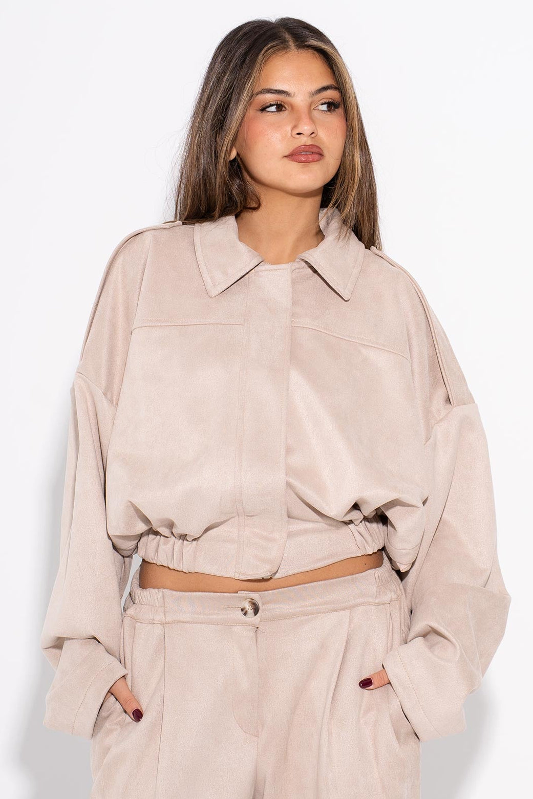 Suede Plain Cropped Jacket – Beige
