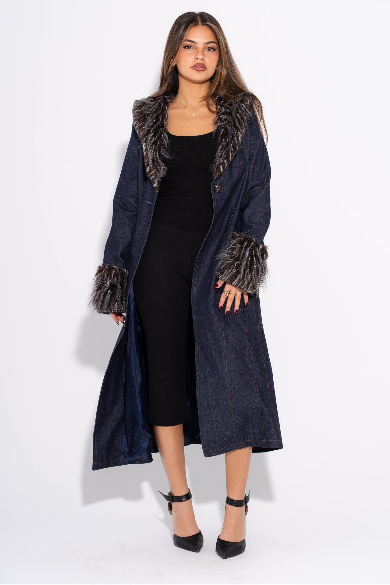 Denim Plain Fur Coat – Deep Navy Blue