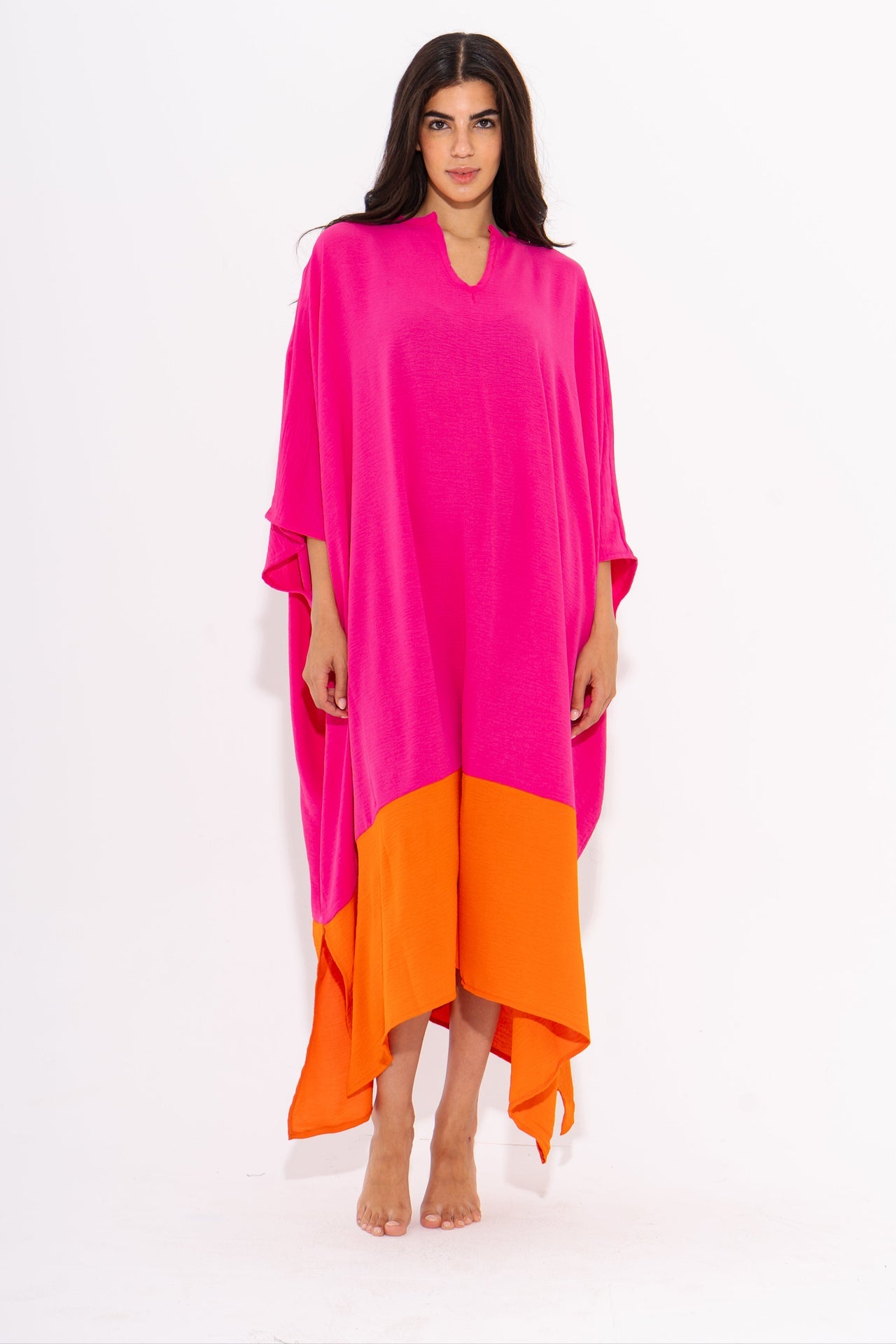 Linen Colorblock Kaftan Dress – Orange & Pink