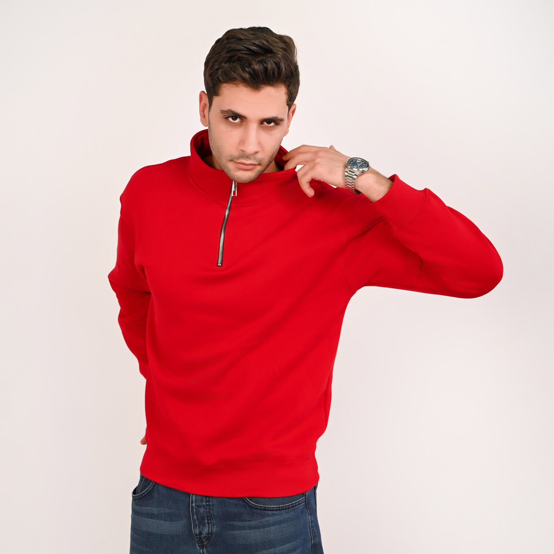 Minimal Quarter-Zip Sweatshirt – Red
