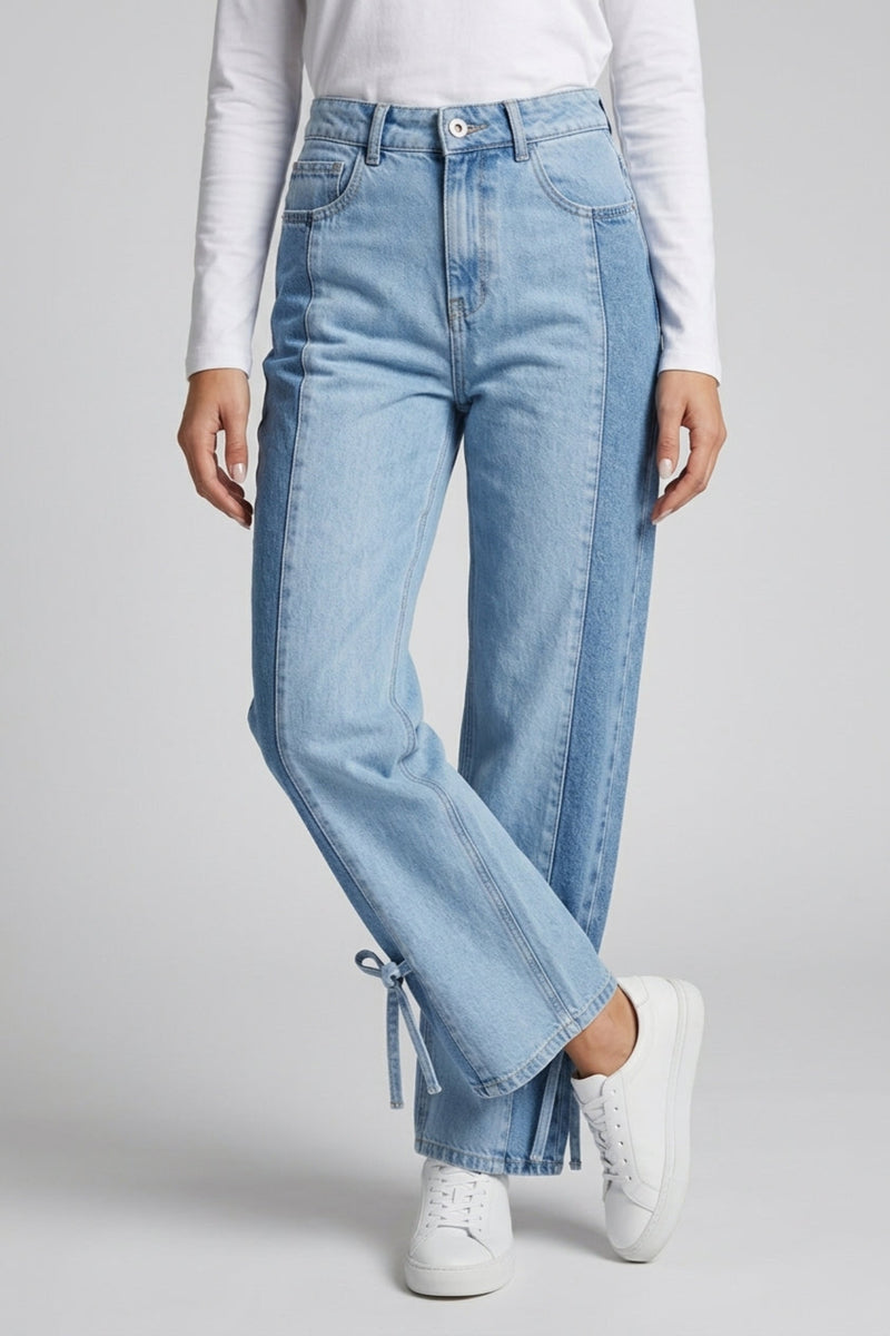 Two-Tone Tie-Hem Jeans – Light Blue