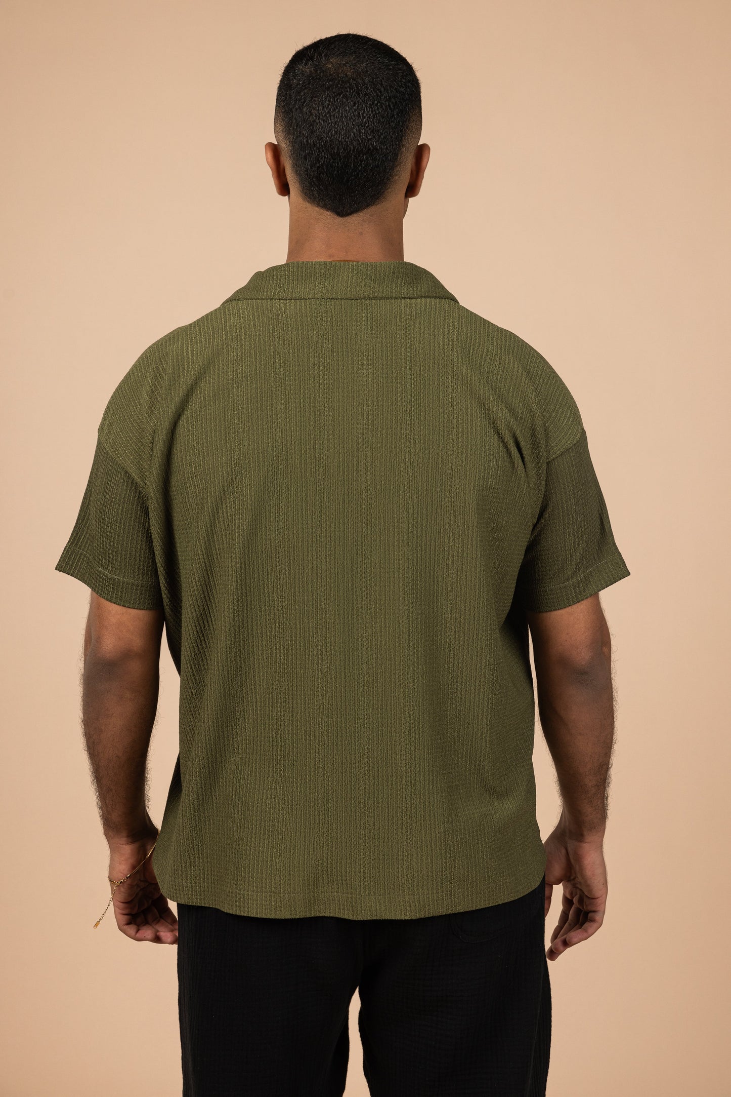 Cotton Moon Crushed Boxy Fit Polo Shirt - Olive Green