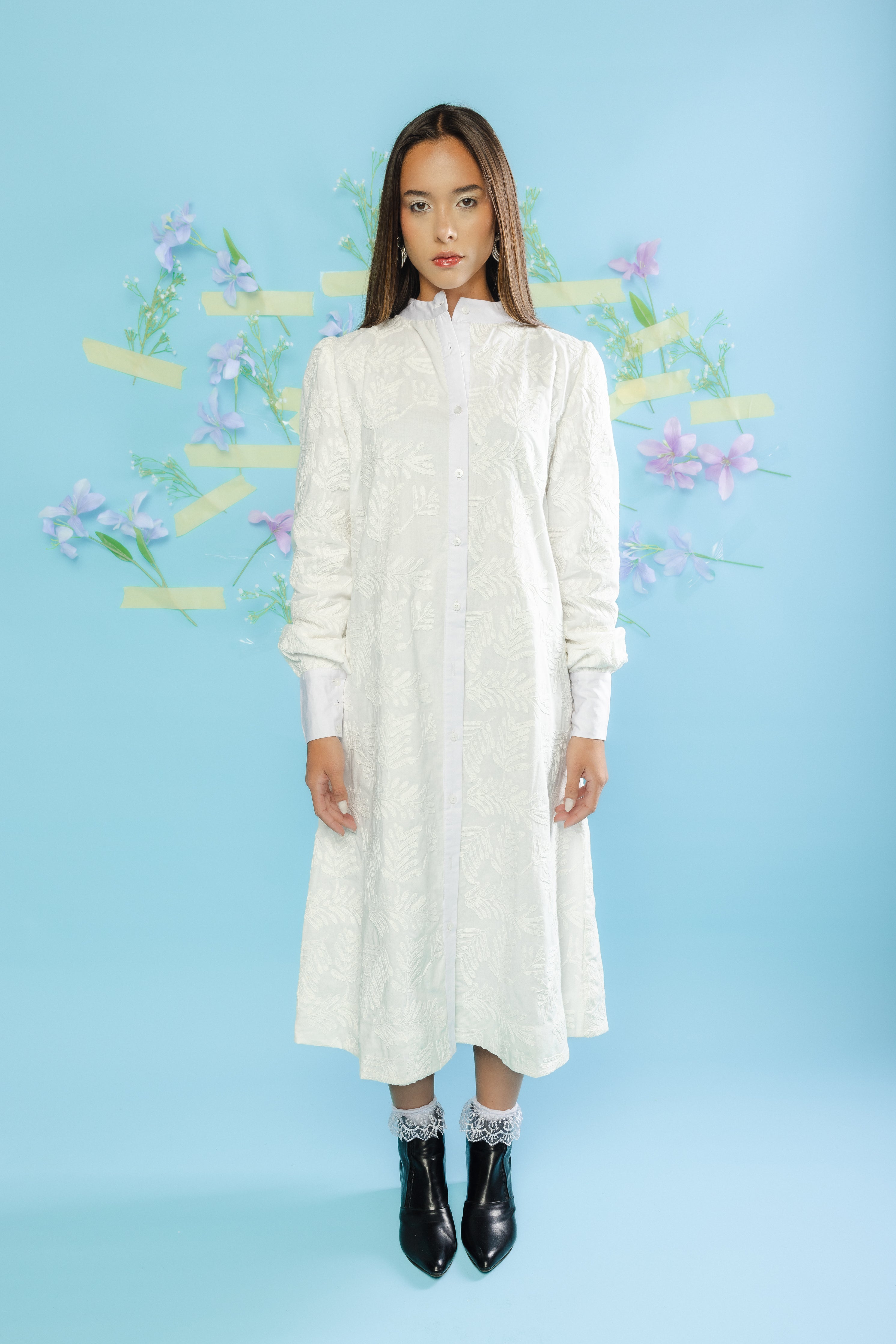 Voile Cotton Leafe Shirt Dress - White