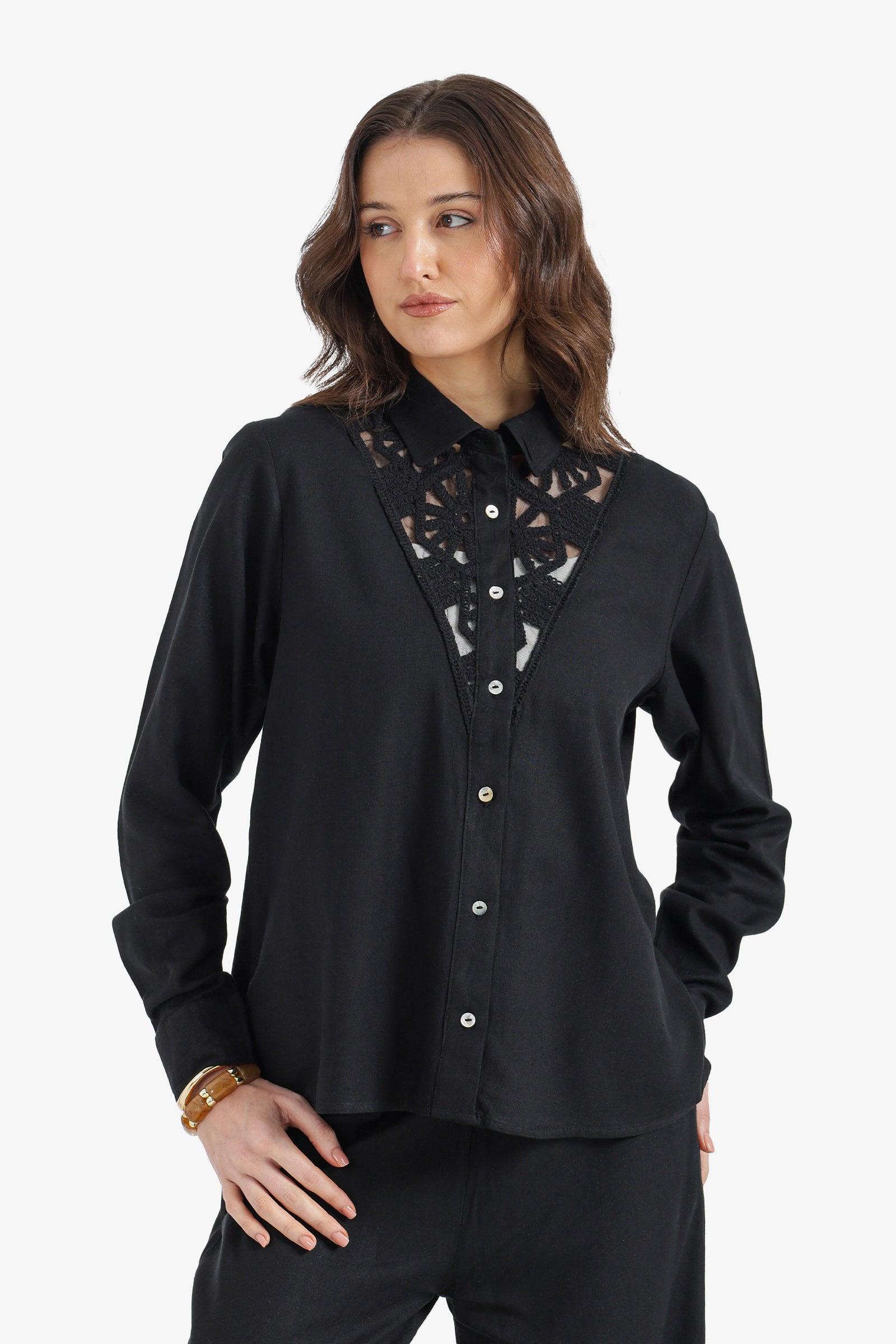 Solid Embroidered Neckline Cotton Shirt – Black
