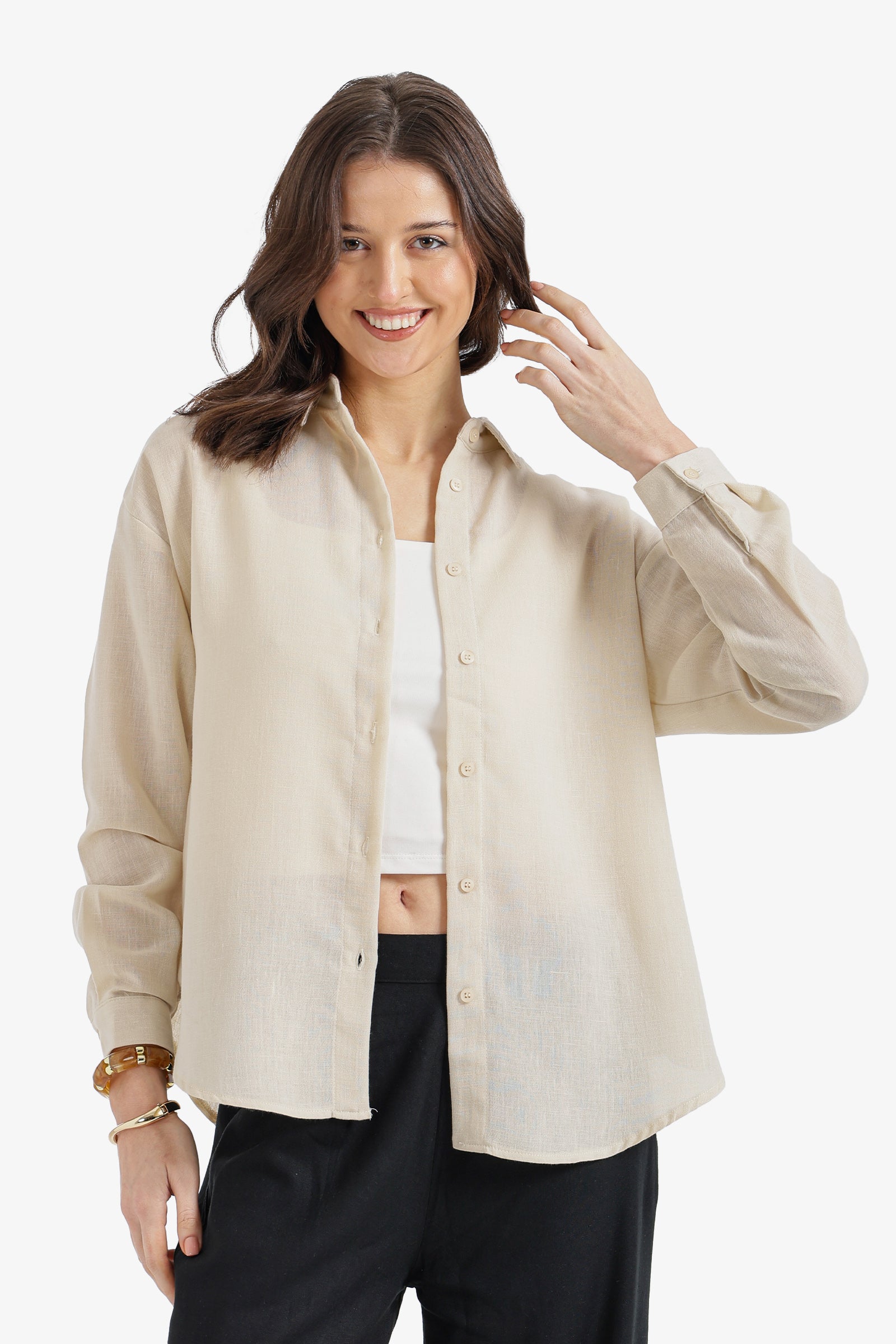 Solid Dropped-Shoulder Relaxed Shirt - Dark Beige