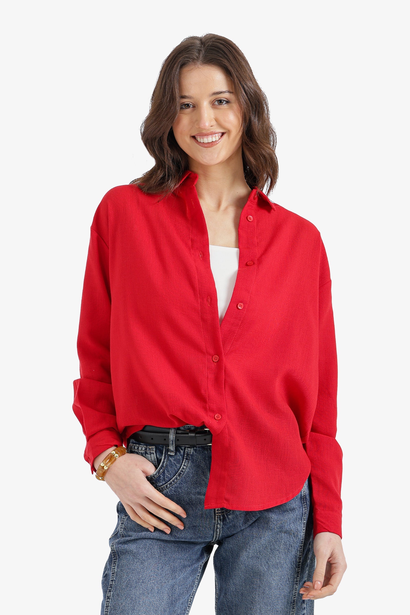 Solid Dropped-Shoulder Relaxed Shirt - Red