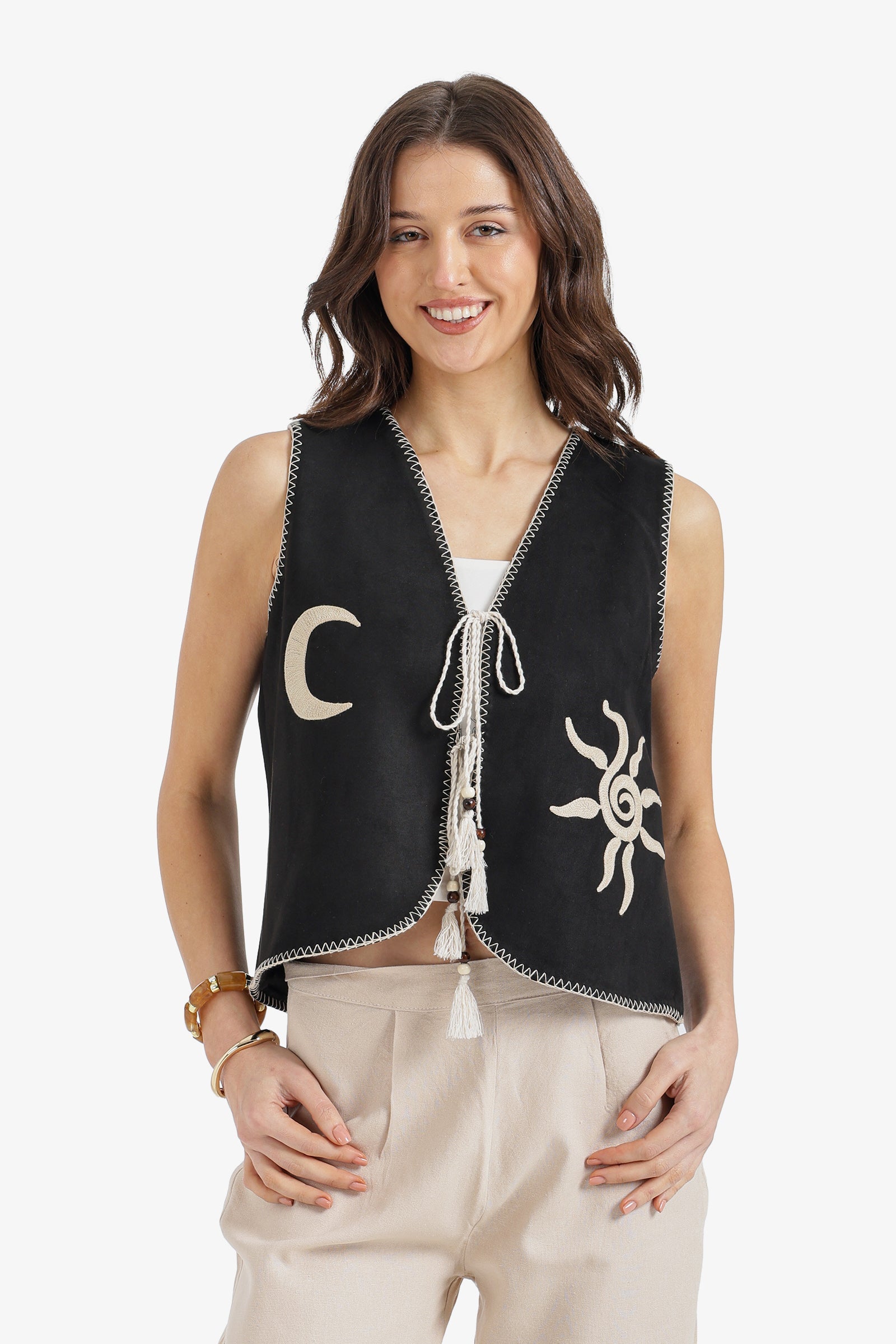 Sun & Moon Tassel Vest – Black