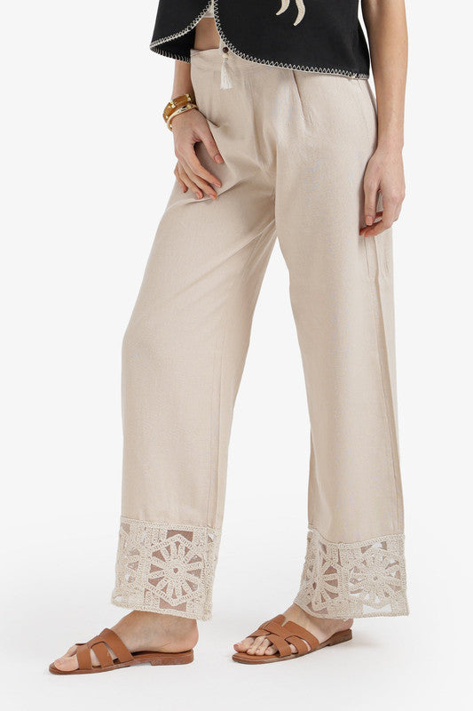 Solid Embroidered Hem Wide-Leg Pants – Beige