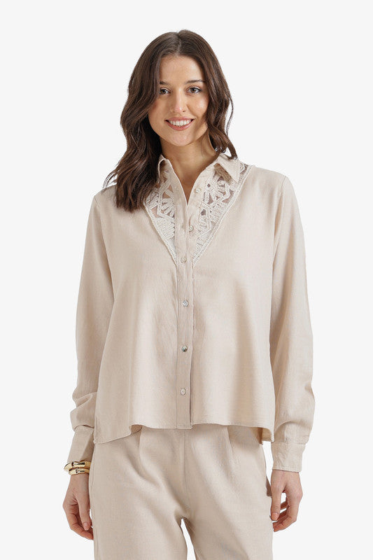 Solid Embroidered Neckline Cotton Shirt – Beige