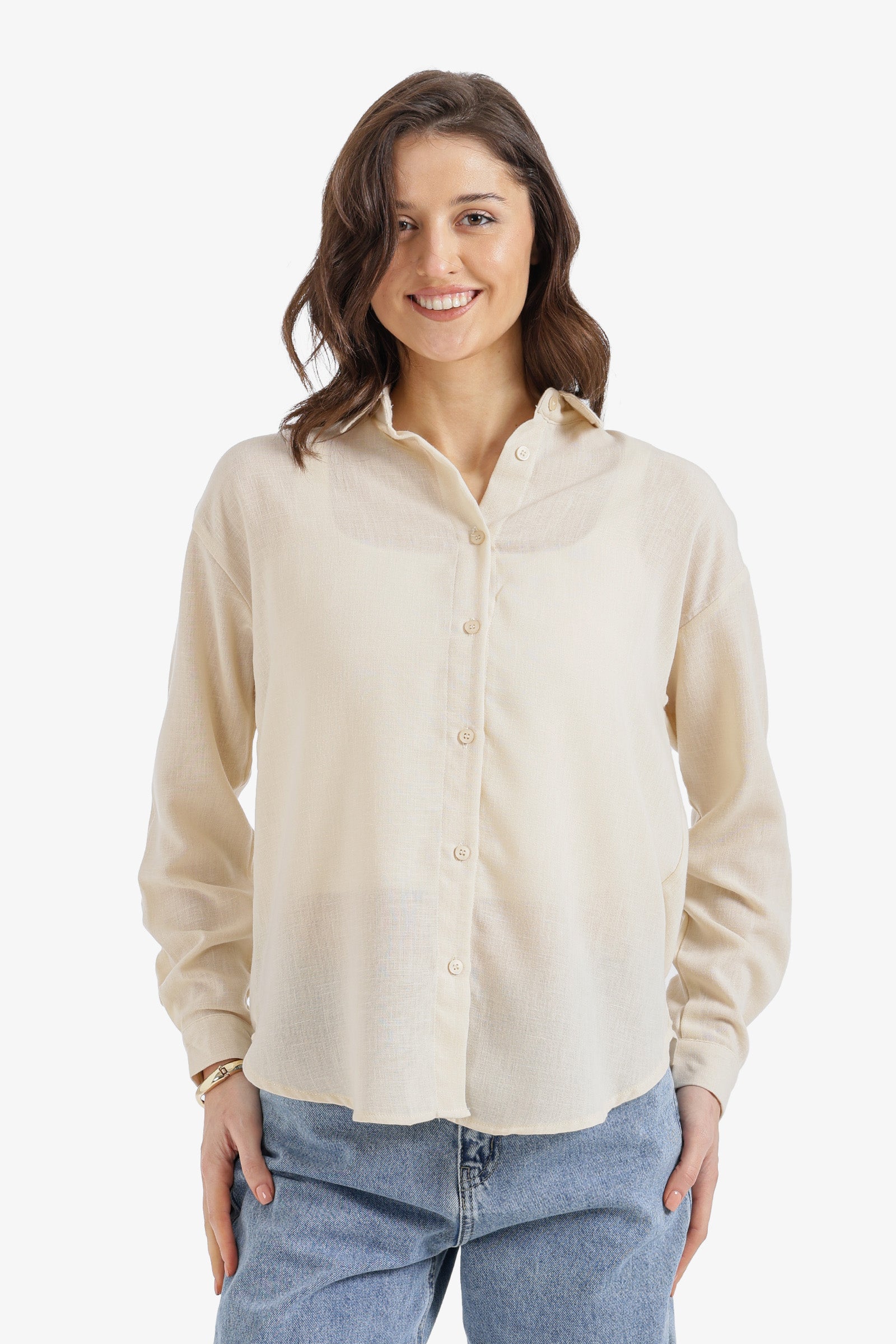 Solid Dropped-Shoulder Relaxed Shirt - Light Beige