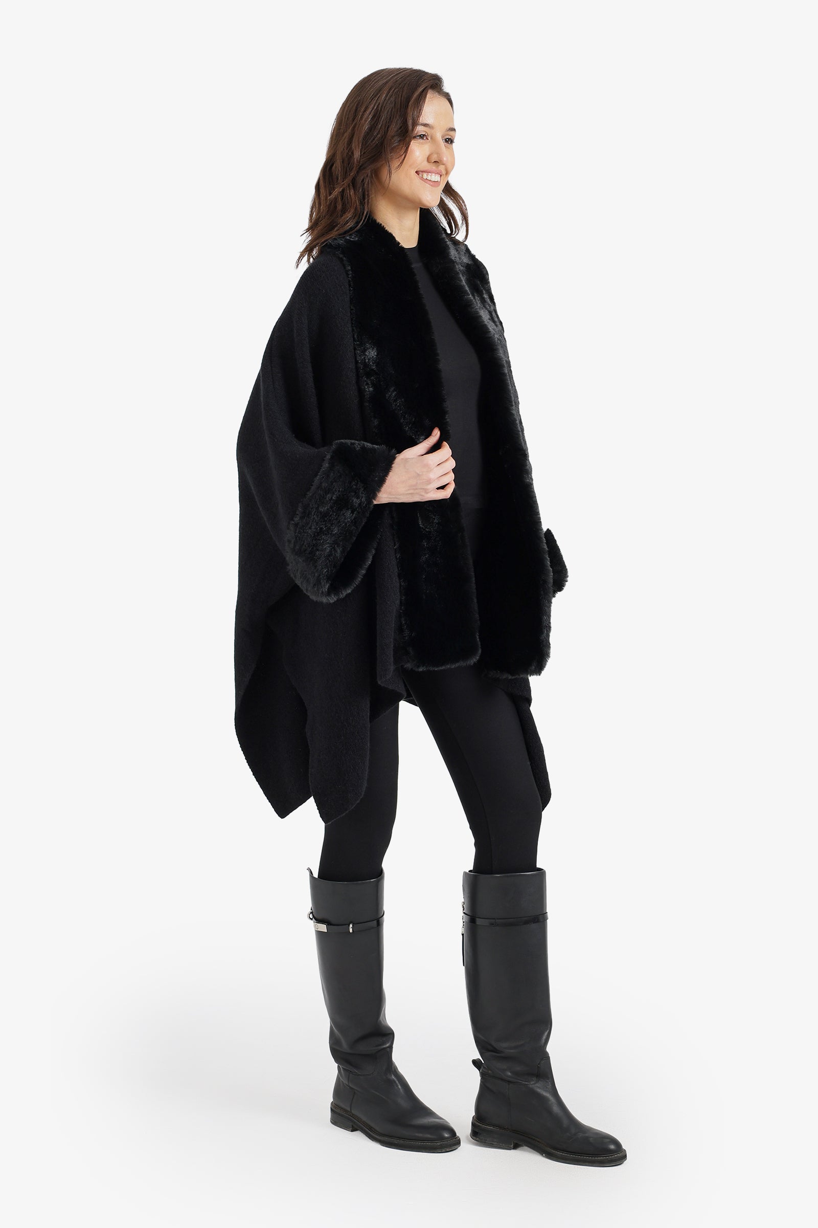 Plain Fur Trim Asymmetric Poncho – Black