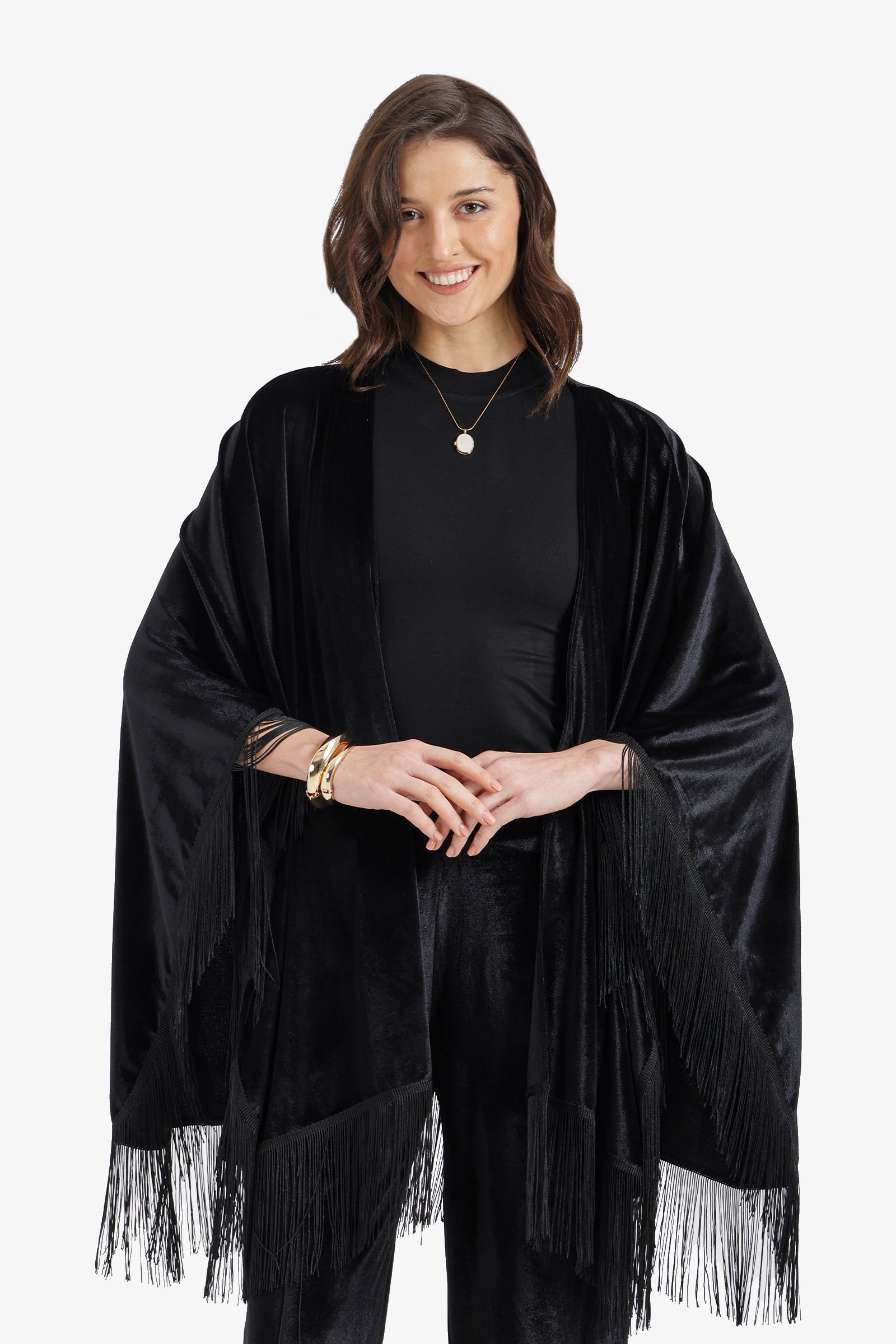 Fringed Velvet Kimono Relaxed Fit – Black