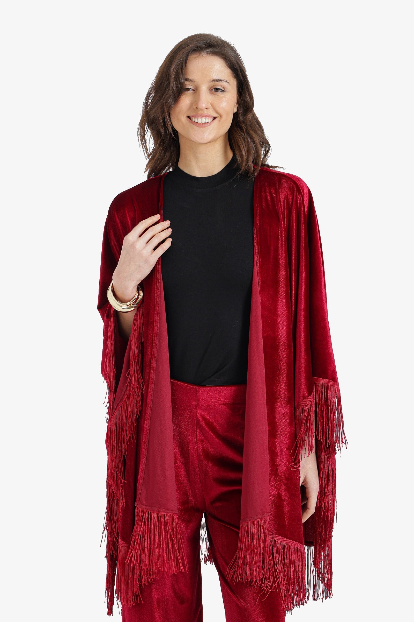 Fringed Velvet Kimono Relaxed Fit – Light Burgundy