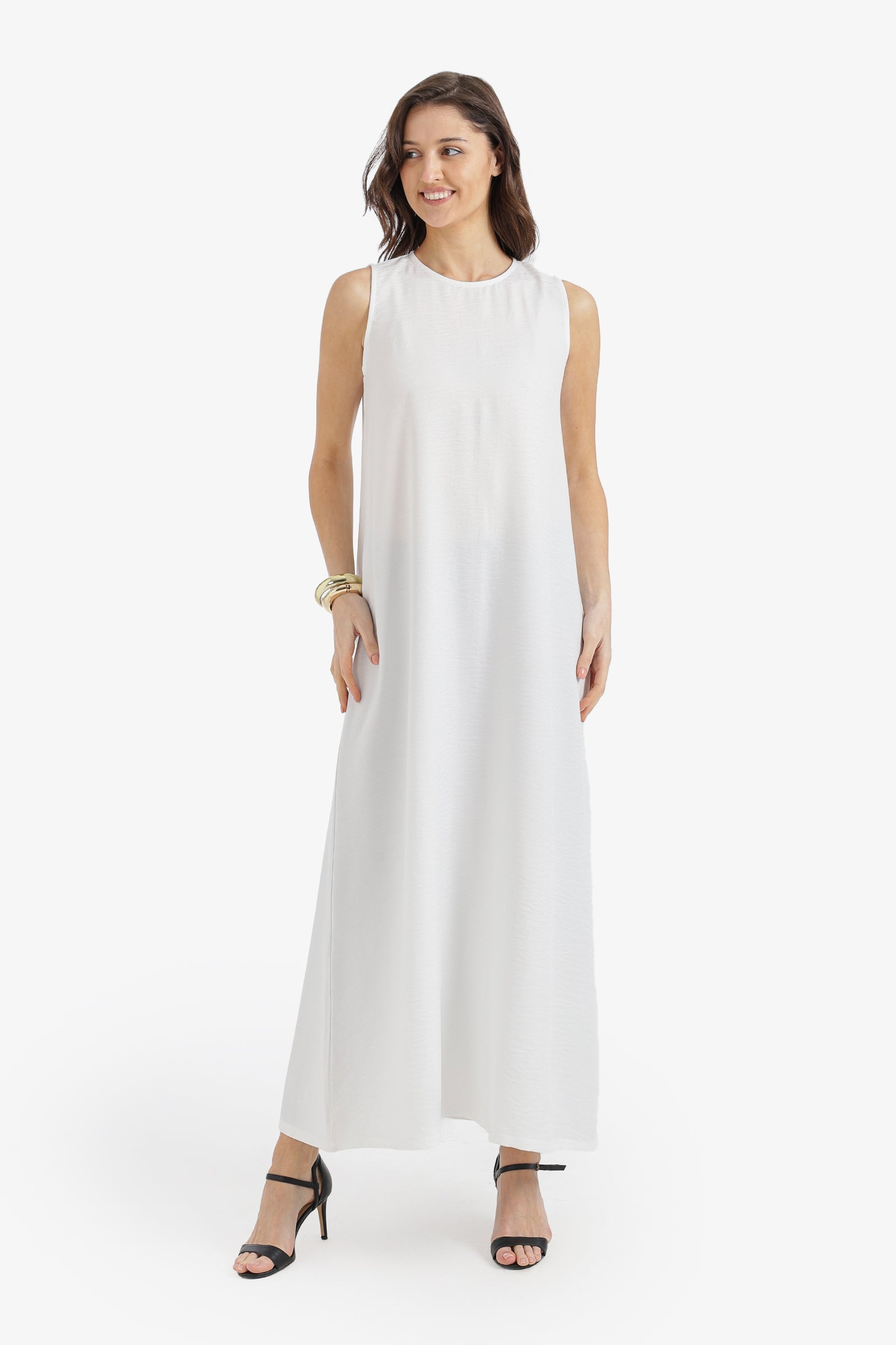Textured Sleeveless Linen Maxi Dress – White