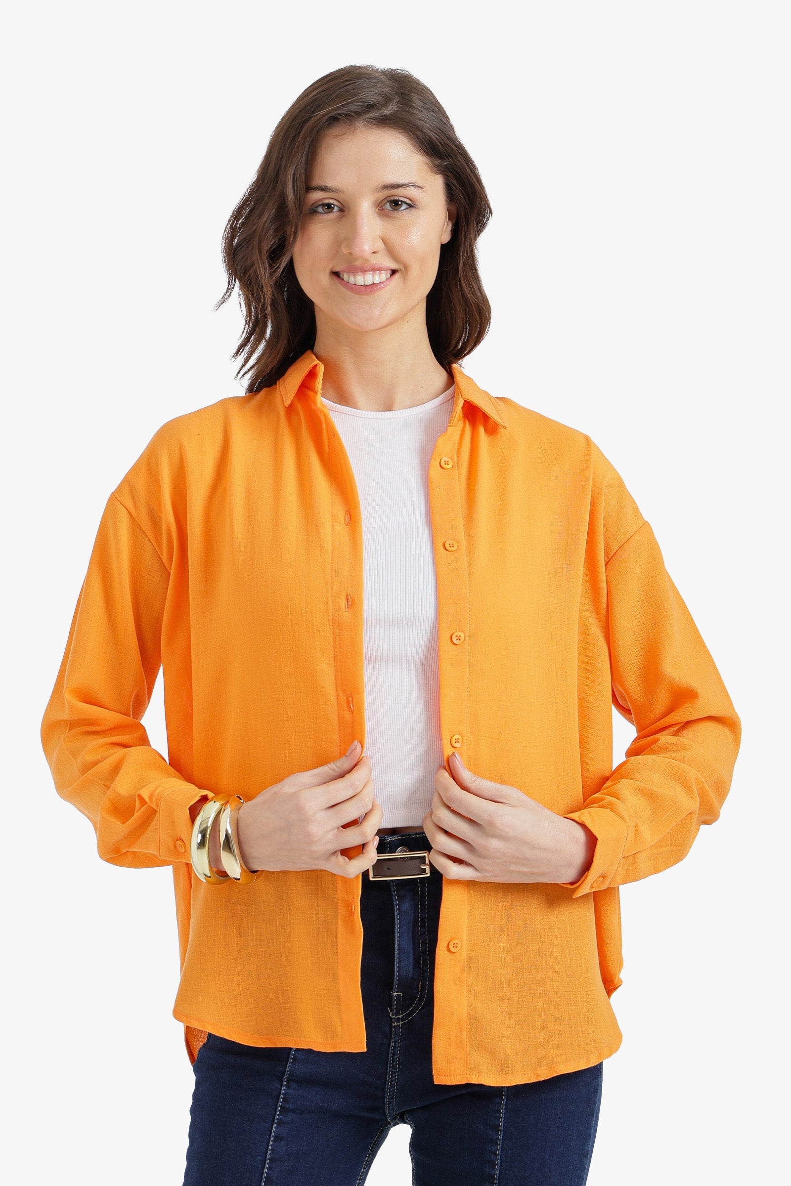 Solid Dropped-Shoulder Relaxed Shirt - Orange