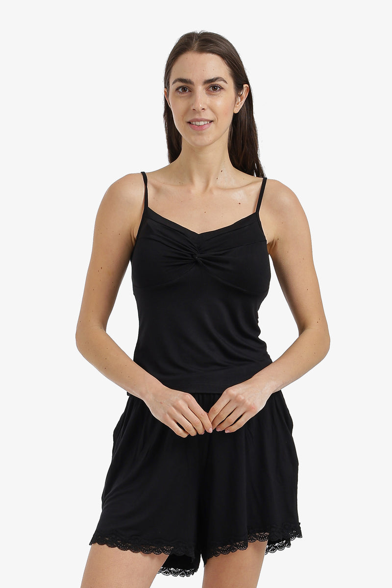 Twist-Front Detail Pajama Set - Black