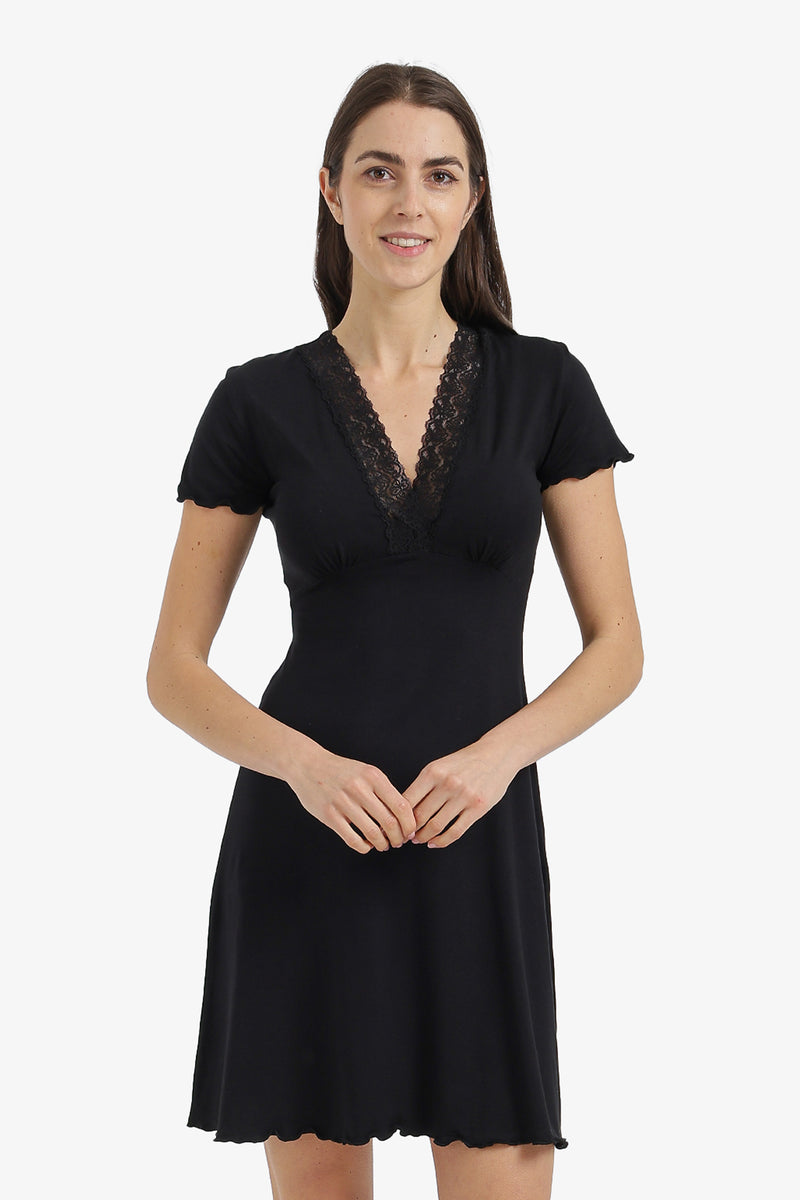 Lace V-Neck Nightgown - Black